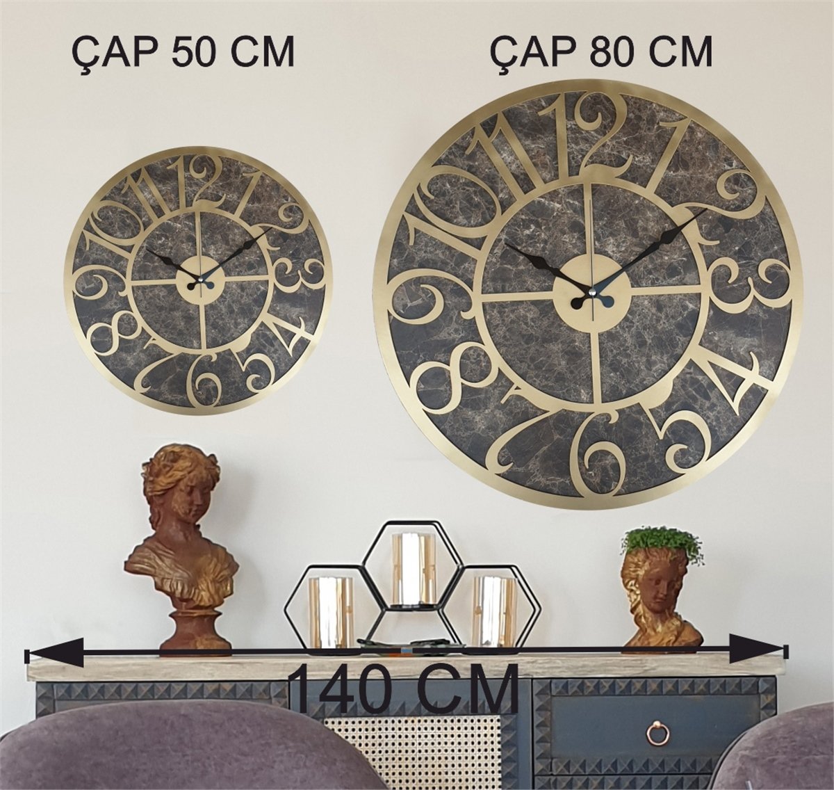 Markakanvas Mermer Desenli  Duvar Saati  Çap 50 cm-Çap 80 cm