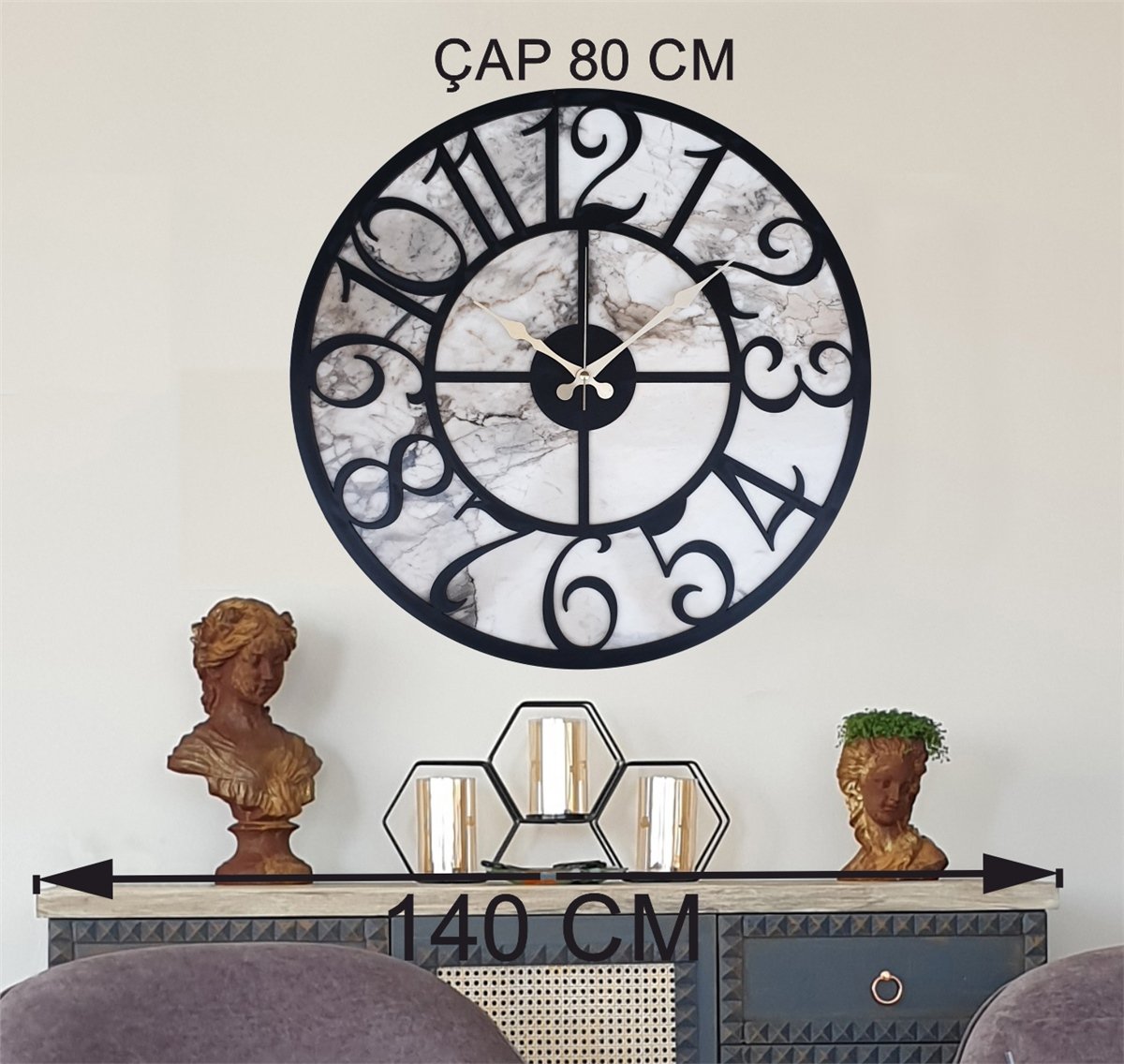 Markakanvas Mermer Desenli  Duvar Saati  Çap 50 cm-Çap 80 cm