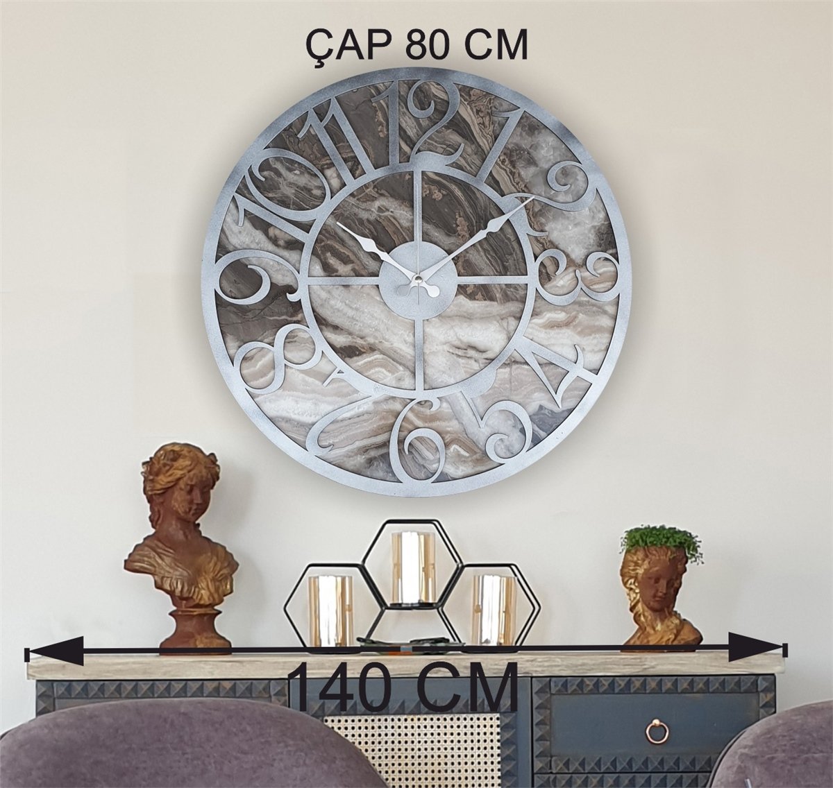 Markakanvas Mermer Desenli  Duvar Saati  Çap 50 cm-Çap 80 cm