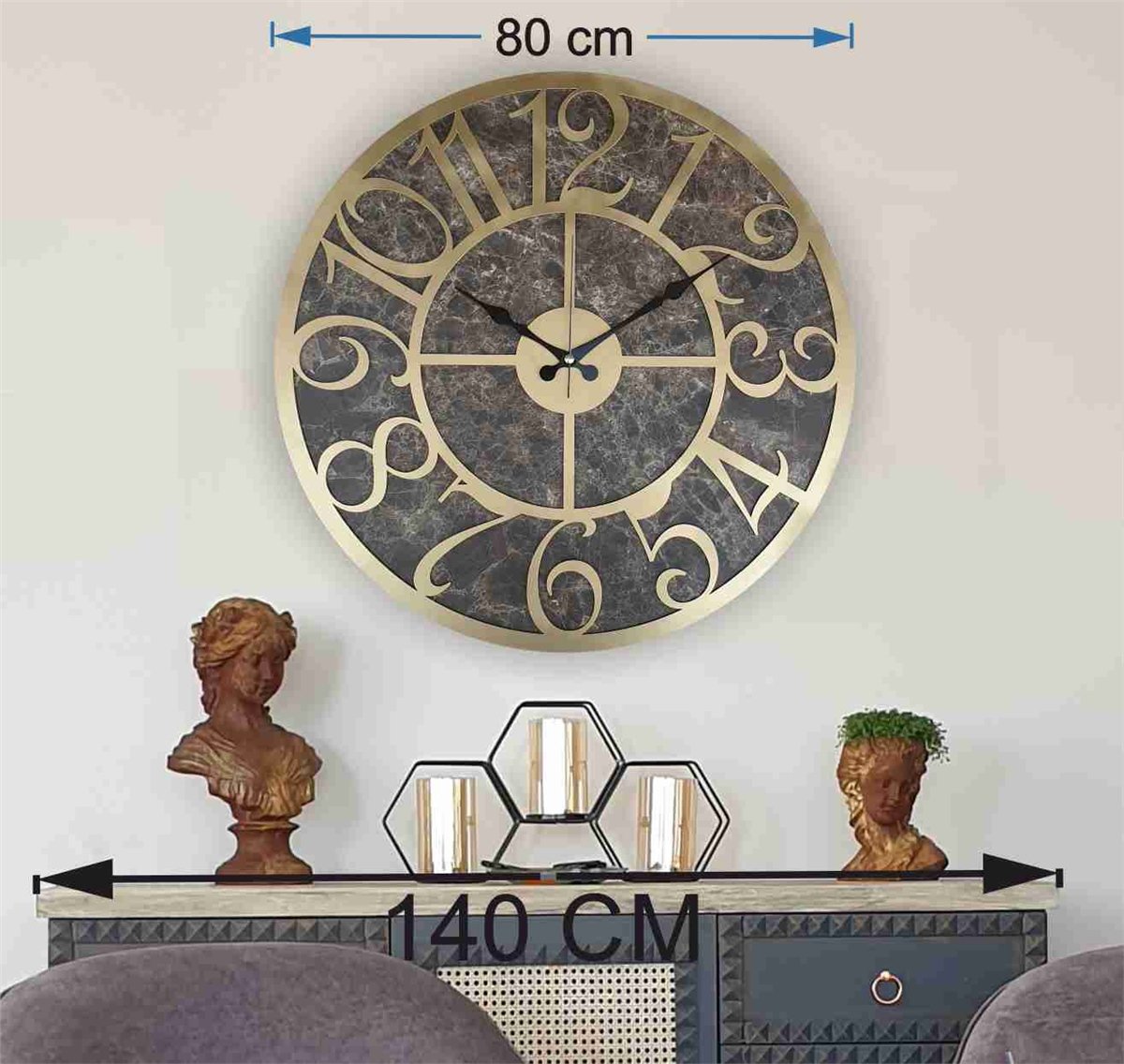 Markakanvas Mermer Desenli  Duvar Saati  Çap 50 cm-Çap 80 cm
