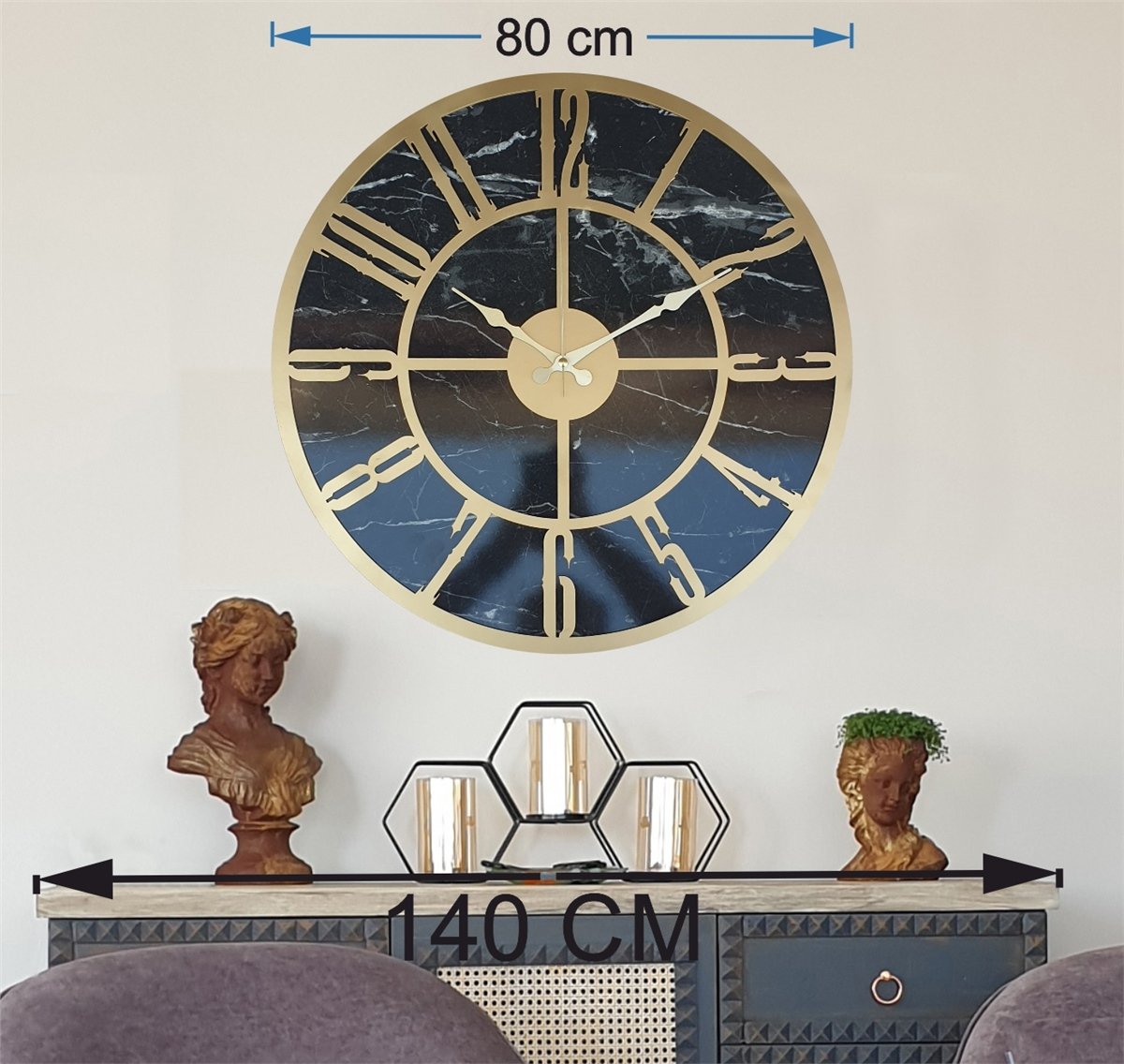 Markakanvas Mermer Desenli  Duvar Saati  Çap 50 cm-Çap 80 cm