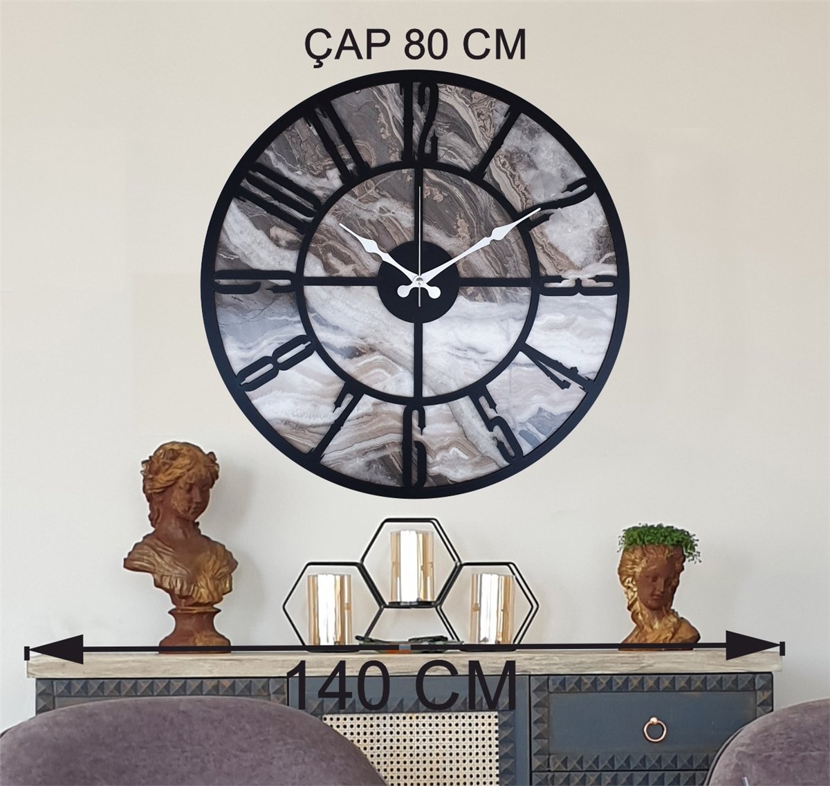Markakanvas Mermer Desenli  Duvar Saati  Çap 50 cm-Çap 80 cm