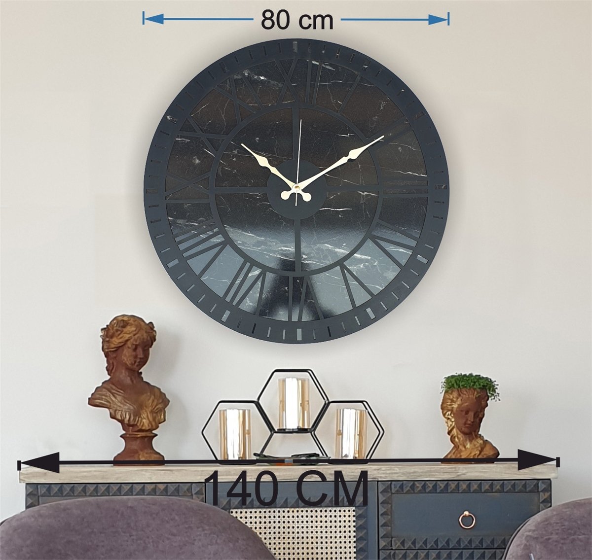 Markakanvas Mermer Desenli  Duvar Saati  Çap 50 cm-Çap 80 cm