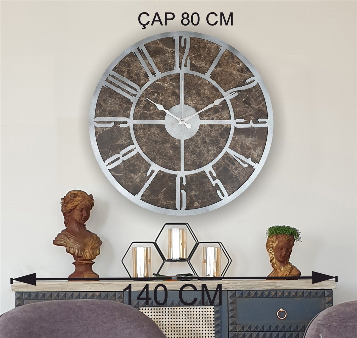 Markakanvas Mermer Desenli  Duvar Saati  Çap 50 cm-Çap 80 cm