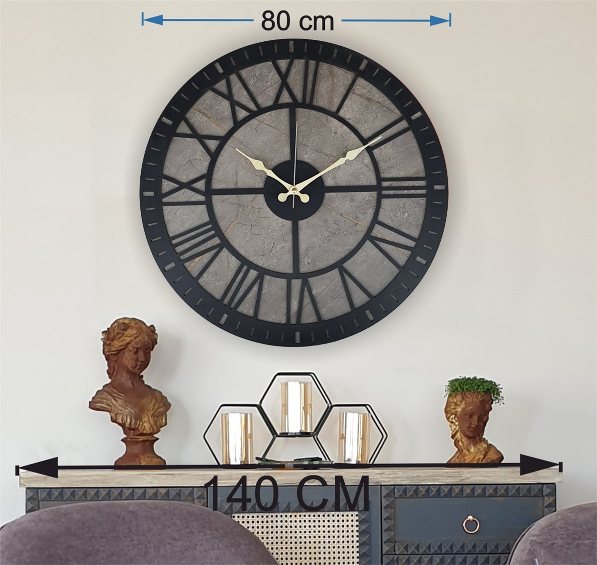 Markakanvas Mermer Desenli  Duvar Saati  Çap 50 cm-Çap 80 cm