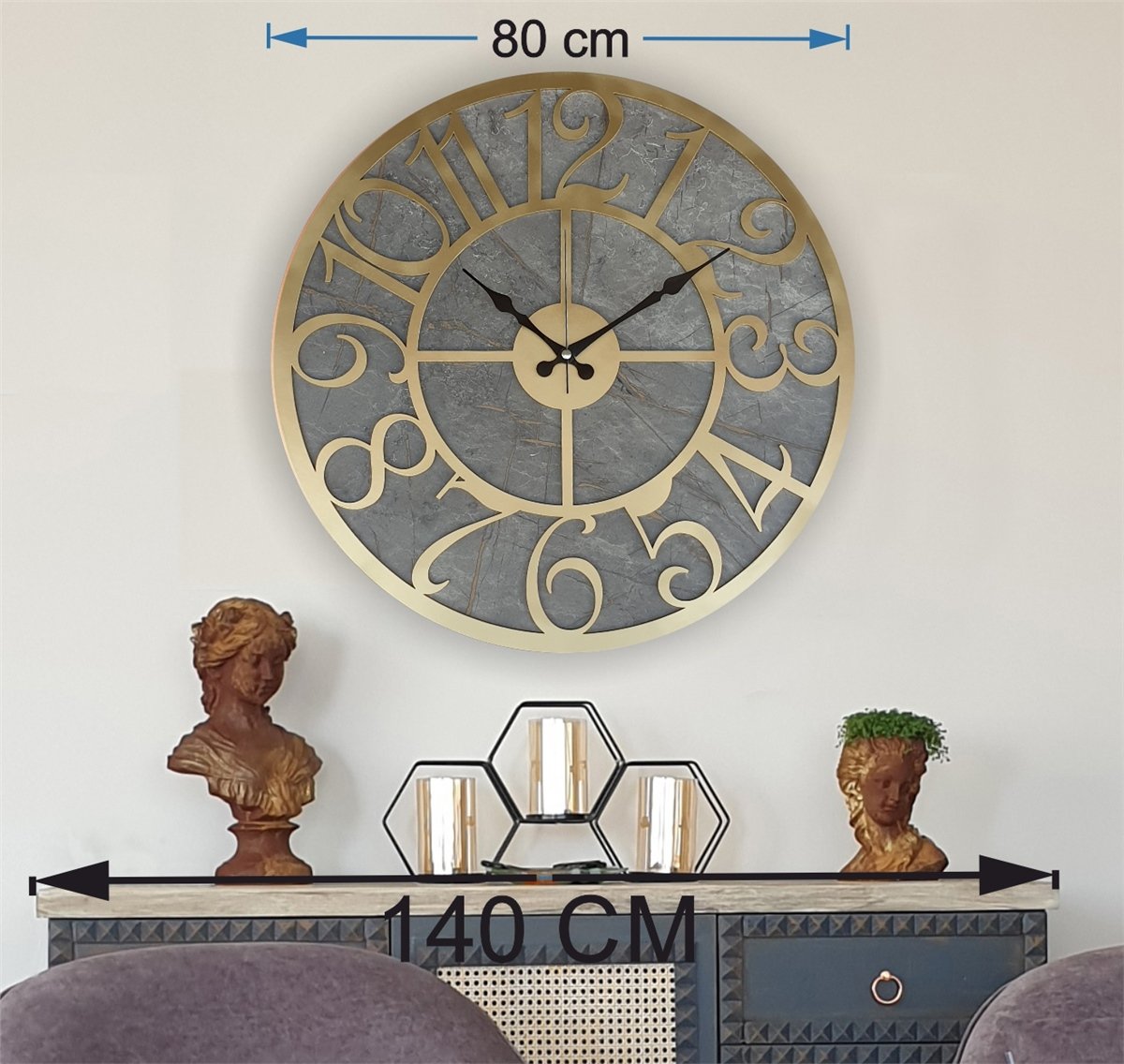 Markakanvas Mermer Desenli  Duvar Saati  Çap 50 cm-Çap 80 cm