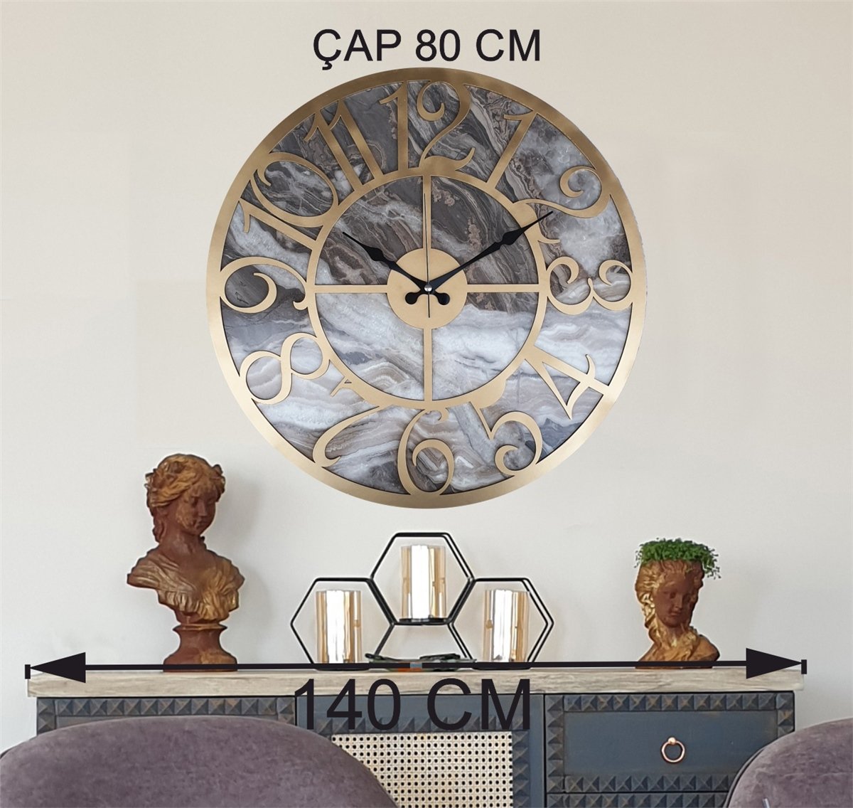 Markakanvas Mermer Desenli  Duvar Saati  Çap 50 cm-Çap 80 cm