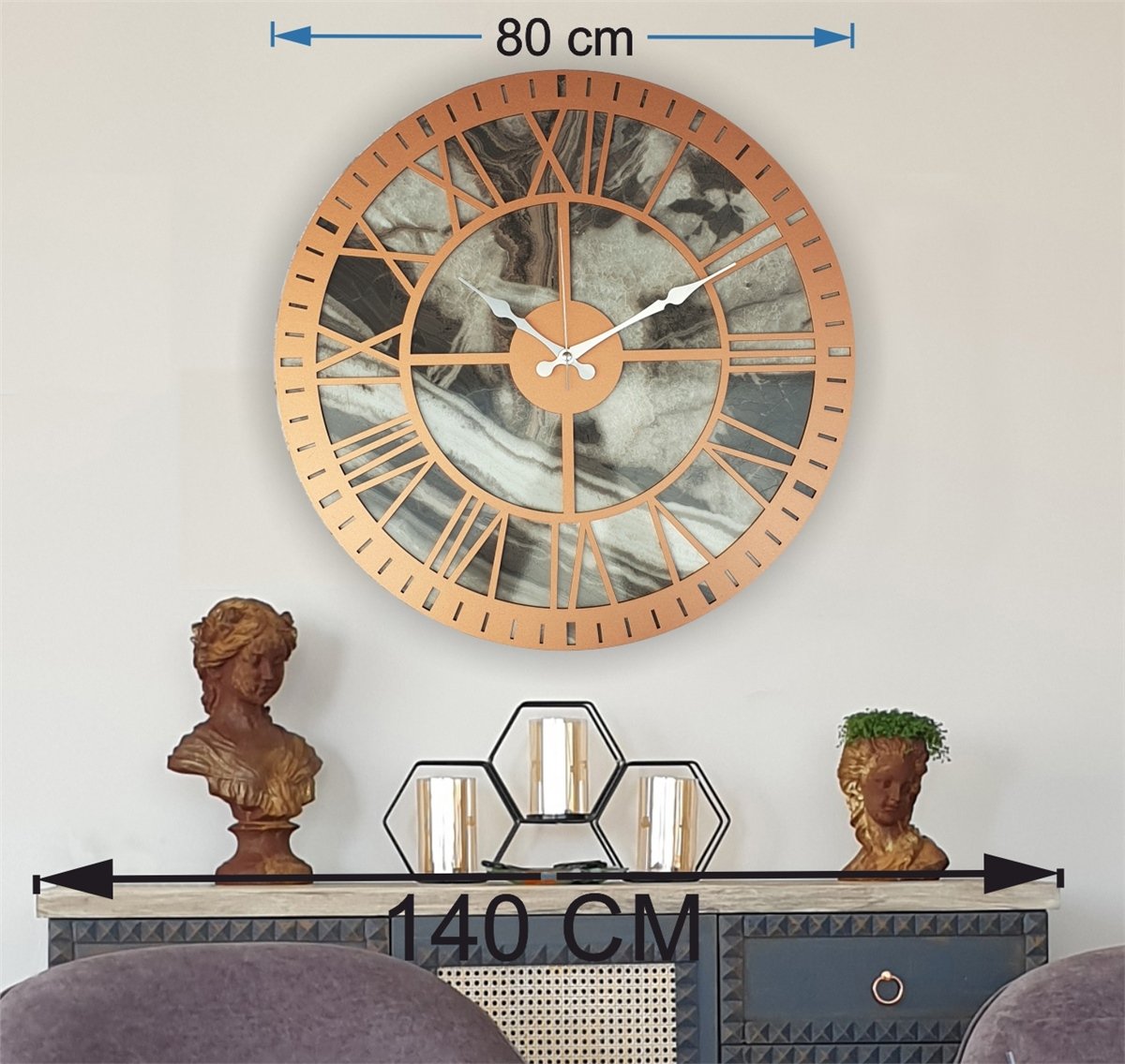 Markakanvas Mermer Desenli  Duvar Saati  Çap 50 cm-Çap 80 cm