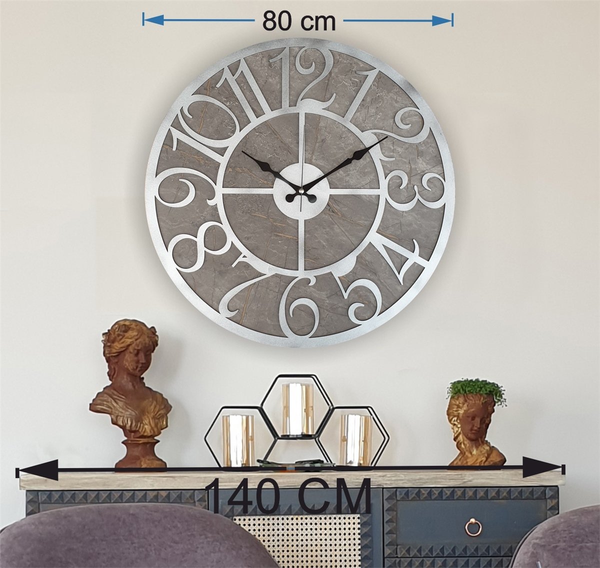Markakanvas Mermer Desenli  Duvar Saati  Çap 50 cm-Çap 80 cm