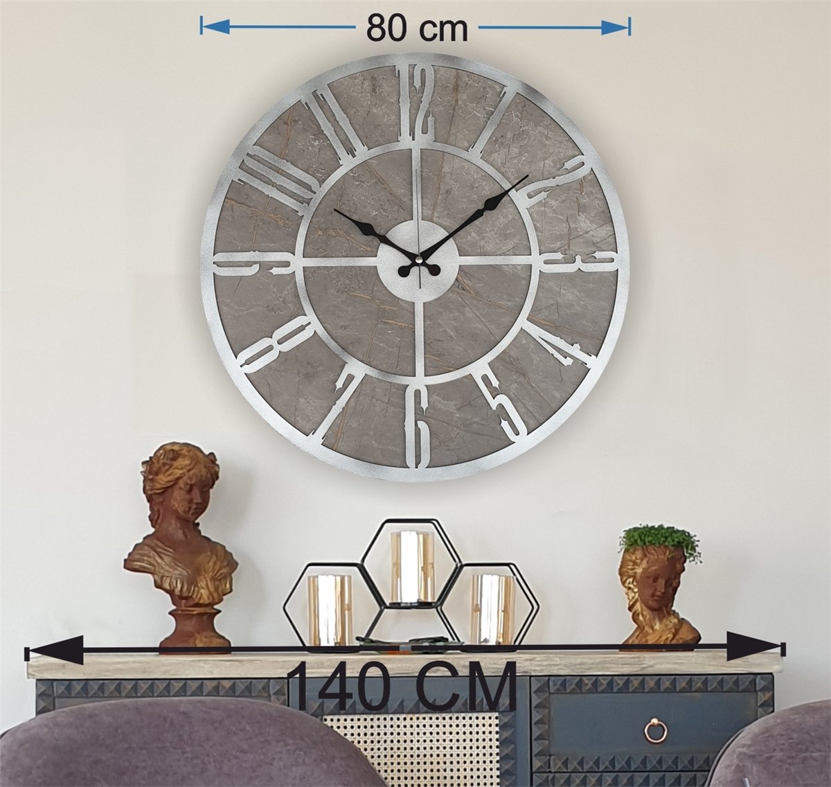 Markakanvas Mermer Desenli  Duvar Saati  Çap 50 cm-Çap 80 cm