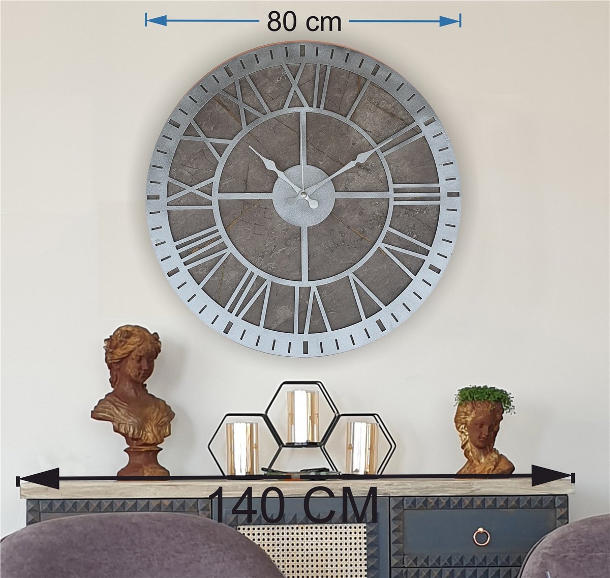 Markakanvas Mermer Desenli  Duvar Saati  Çap 50 cm-Çap 80 cm