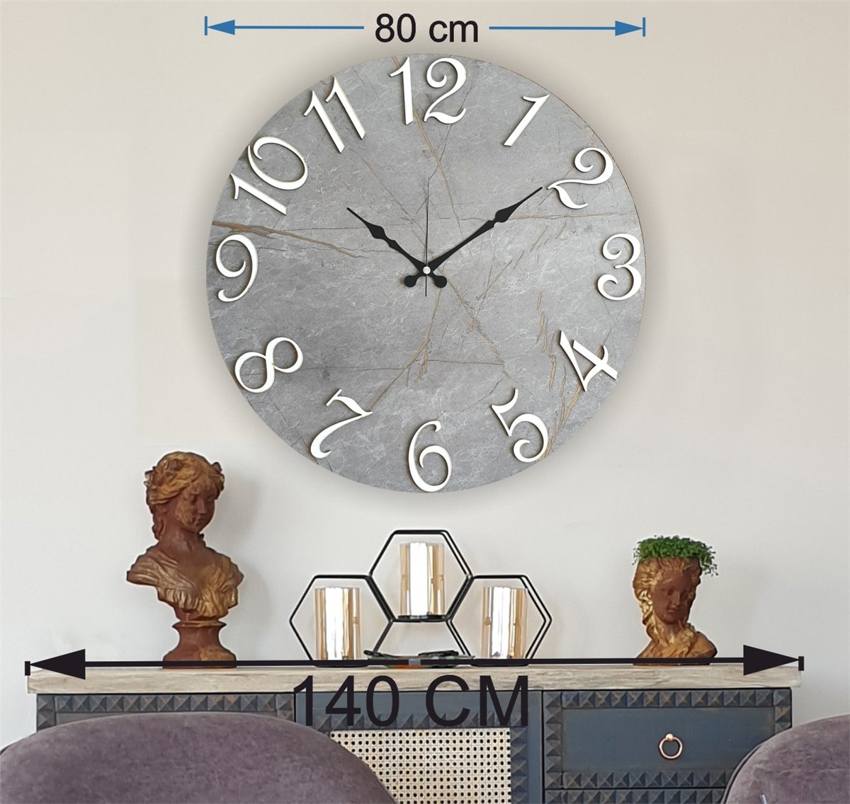 Markakanvas Mermer Desenli ,Ayna Rakamlı Duvar Saati   ( Çap 50 cm - 80 cm )