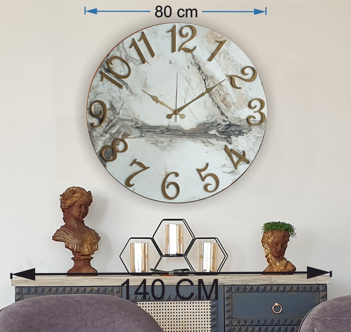 Markakanvas Mermer Desenli ,Ayna Rakamlı Duvar Saati   ( Çap 50 cm - 80 cm )