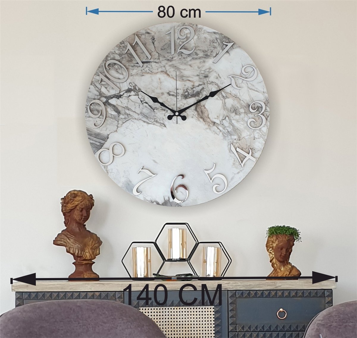 Markakanvas Mermer Desenli ,Ayna Rakamlı Duvar Saati   ( Çap 50 cm - 80 cm )