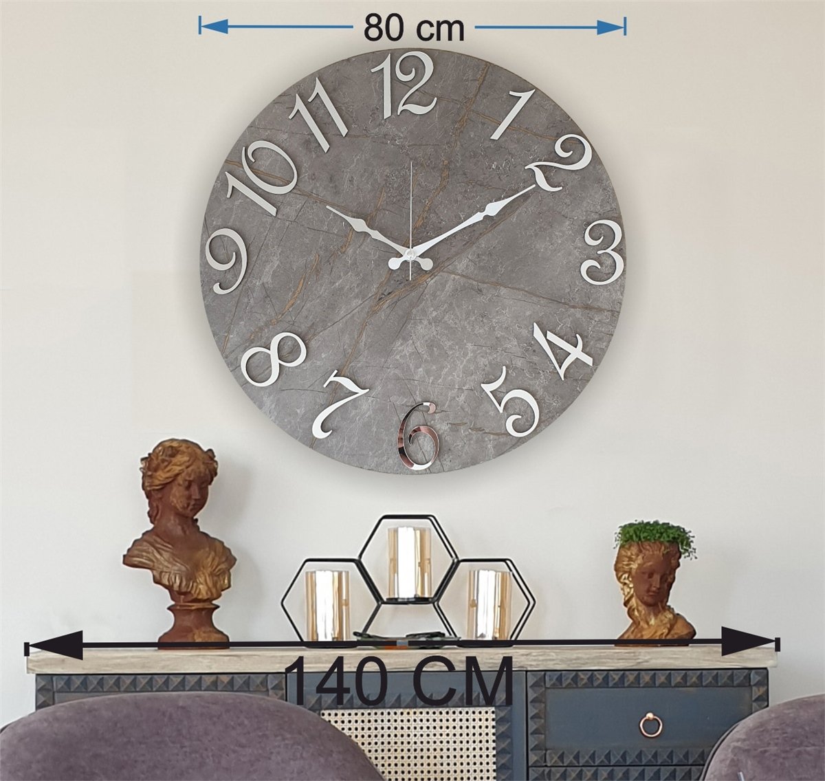 Markakanvas Mermer Desenli ,Ayna Rakamlı Duvar Saati   ( Çap 50 cm - 80 cm )