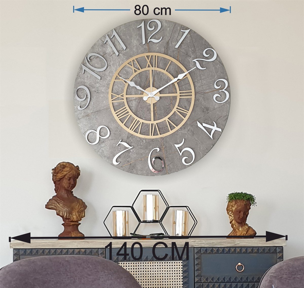 Markakanvas Mermer Desenli ,Ayna Rakamlı Duvar Saati   ( Çap 50 cm - 80 cm )