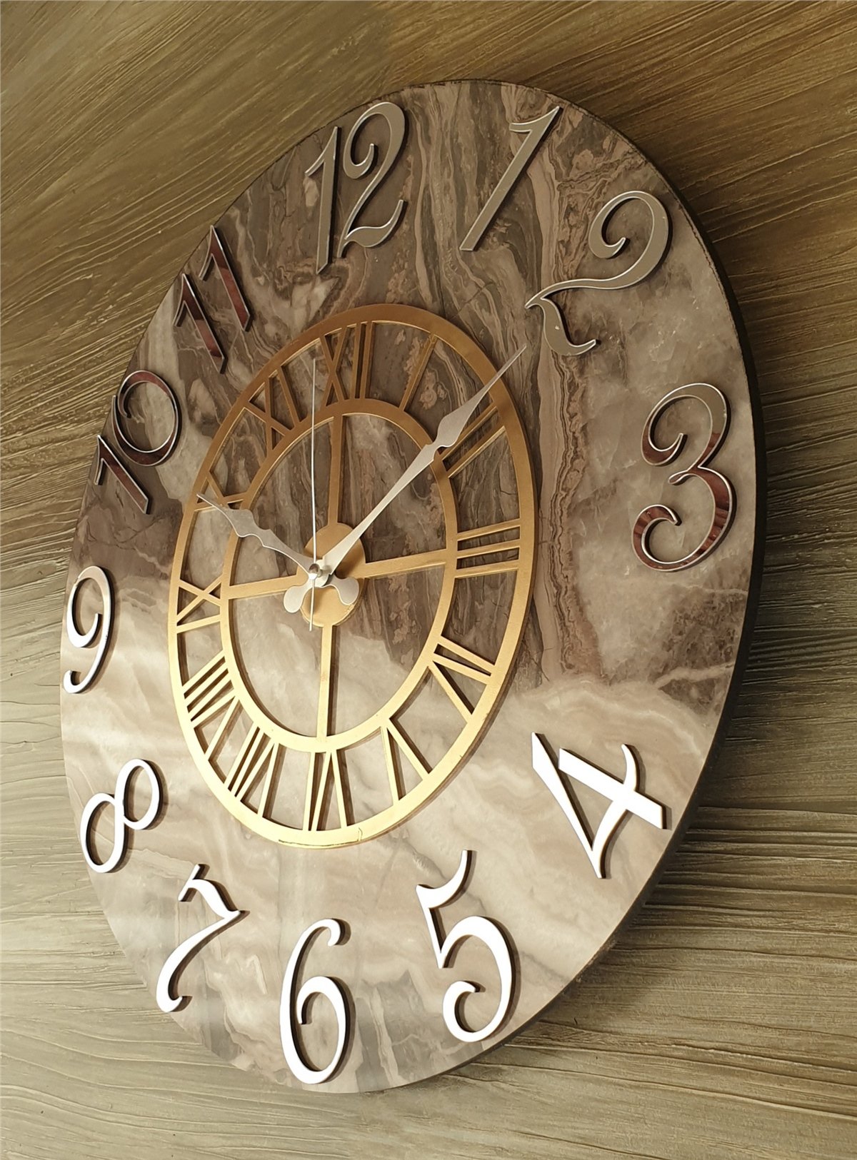 Markakanvas Mermer Desenli ,Ayna Rakamlı Duvar Saati   ( Çap 50 cm - 80 cm )