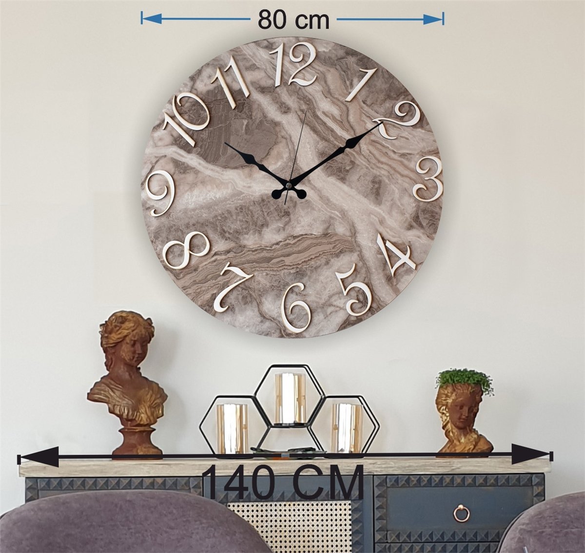 Markakanvas Mermer Desenli ,Ayna Rakamlı Duvar Saati   ( Çap 50 cm - 80 cm )