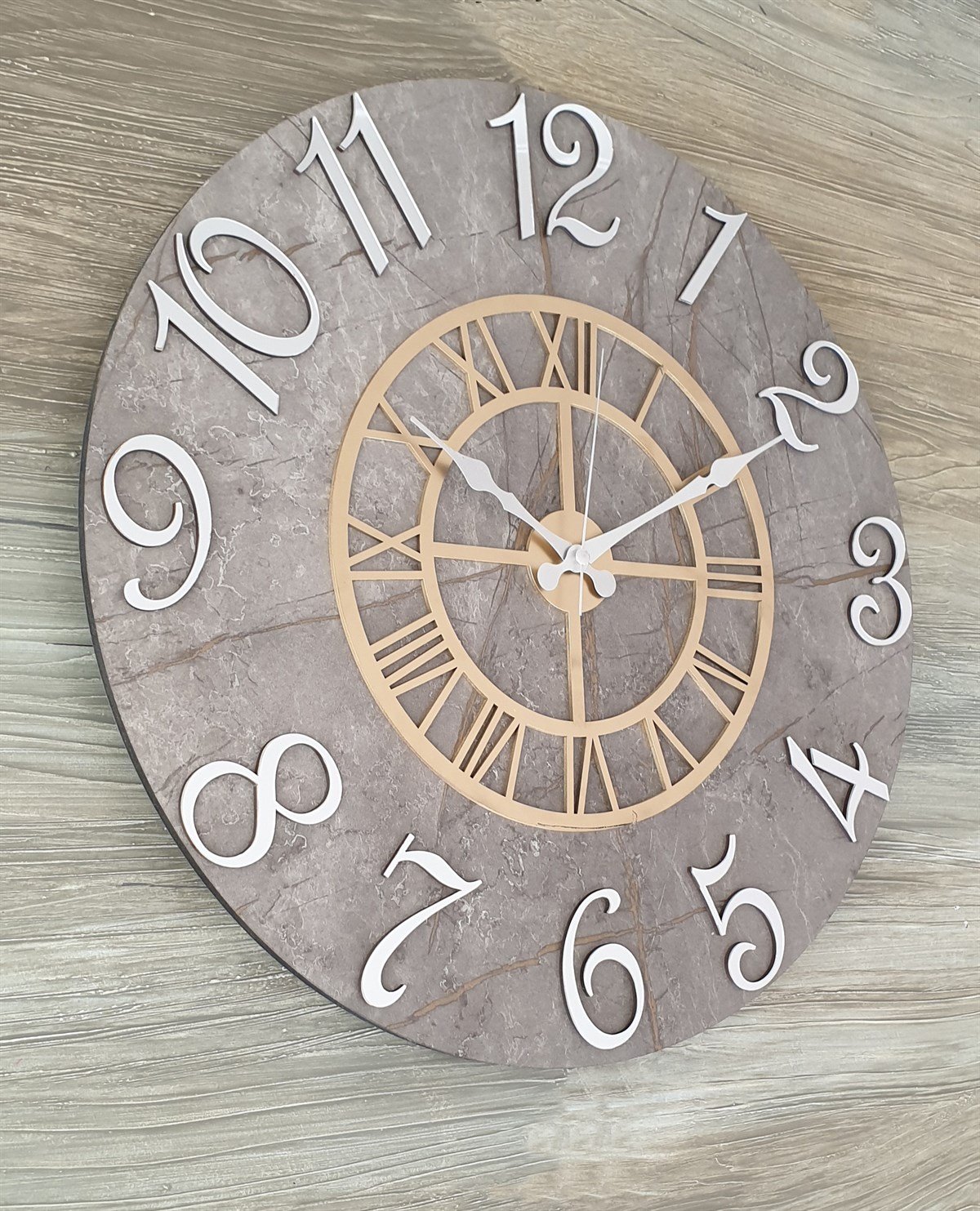 Markakanvas Mermer Desenli ,Ayna Rakamlı Duvar Saati   ( Çap 50 cm - 80 cm )