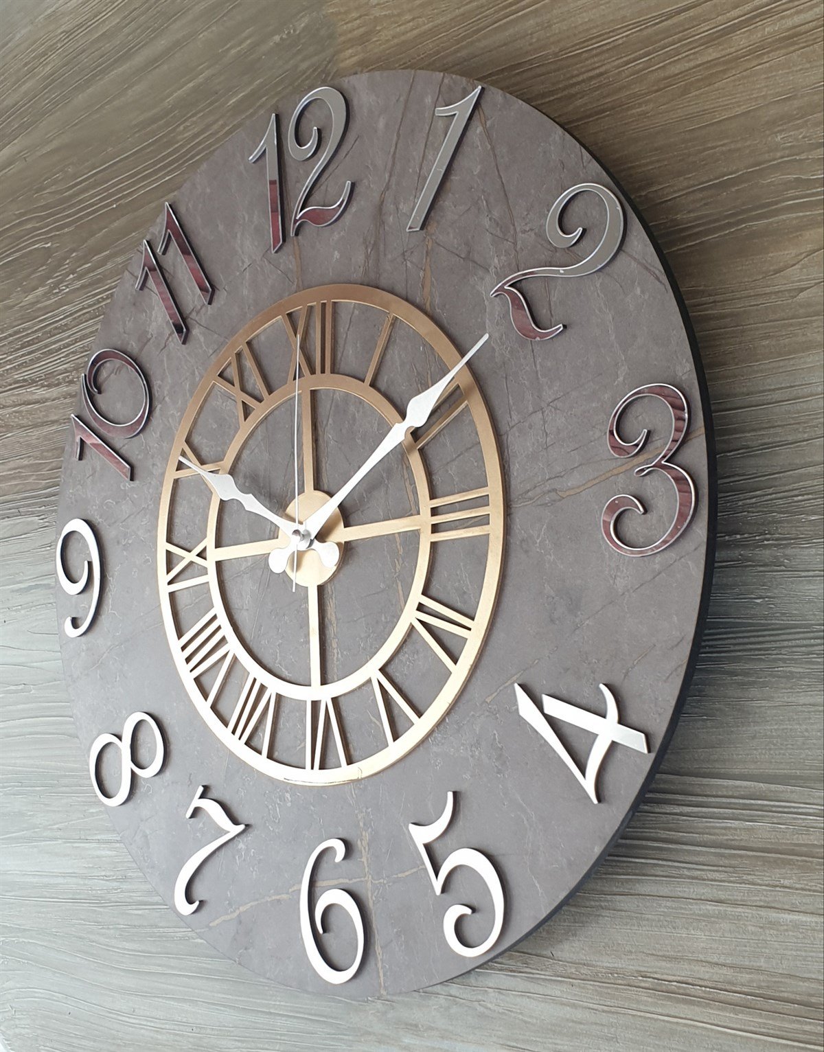 Markakanvas Mermer Desenli ,Ayna Rakamlı Duvar Saati   ( Çap 50 cm - 80 cm )