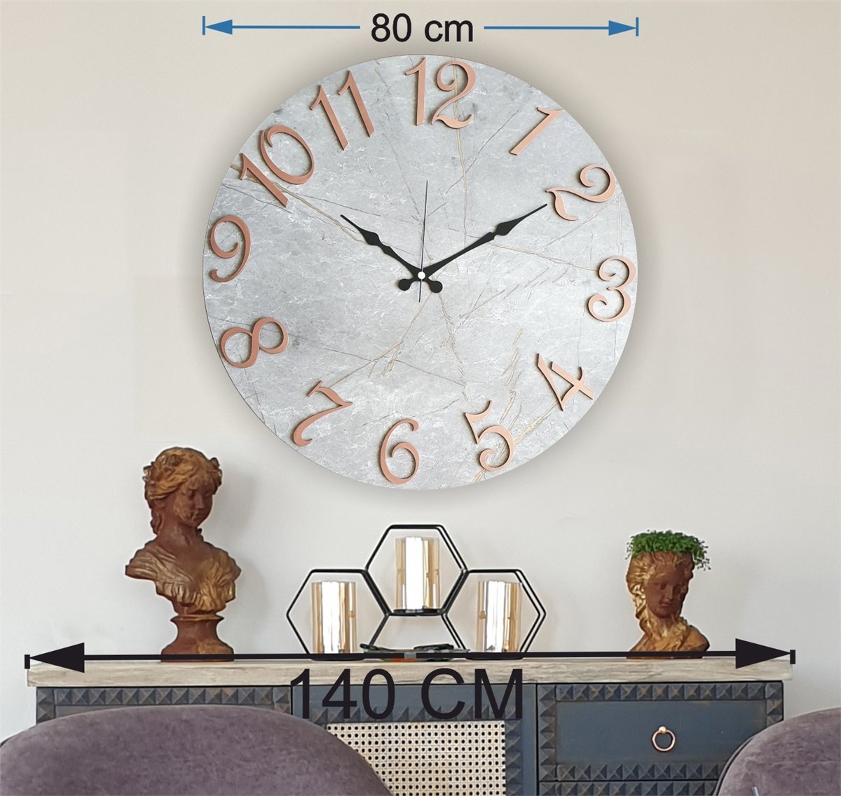 Markakanvas Mermer Desenli ,Ayna Rakamlı Duvar Saati   ( Çap 50 cm - 80 cm )