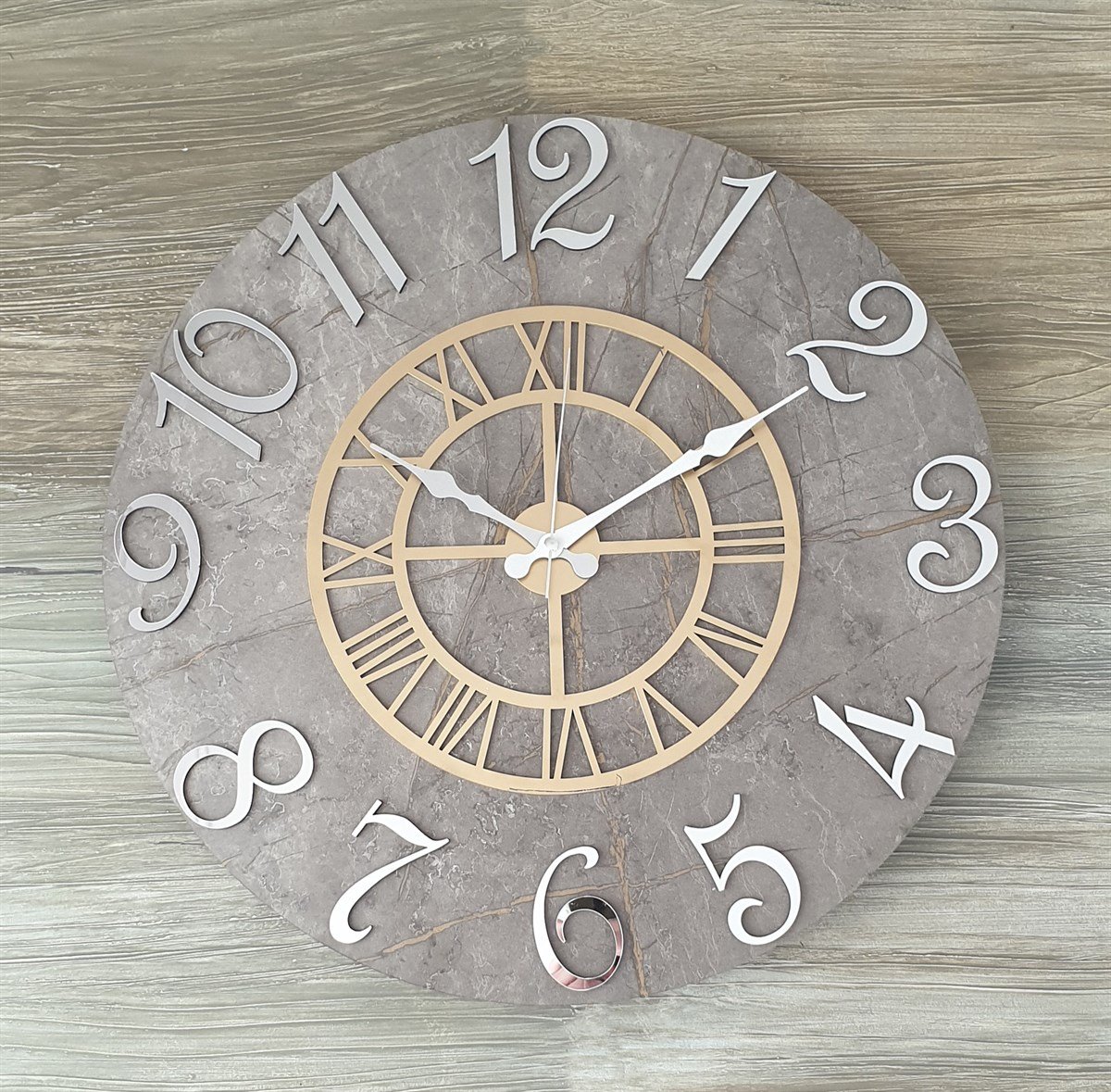 Markakanvas Mermer Desenli ,Ayna Rakamlı Duvar Saati   ( Çap 50 cm - 80 cm )