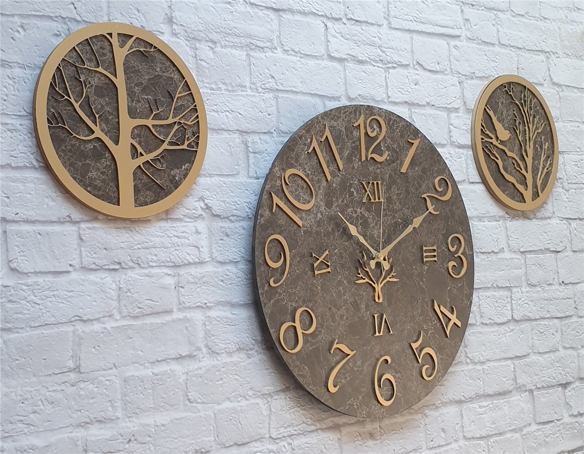Markakanvas Mermer Desenli Duvar Saati ile Daldaki Kuş ve Hayat Ağacı Tablo