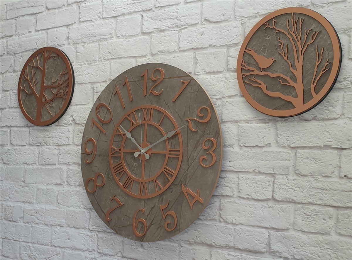 Markakanvas Mermer Desenli Duvar Saati ile Daldaki Kuş ve Hayat Ağacı Tablo