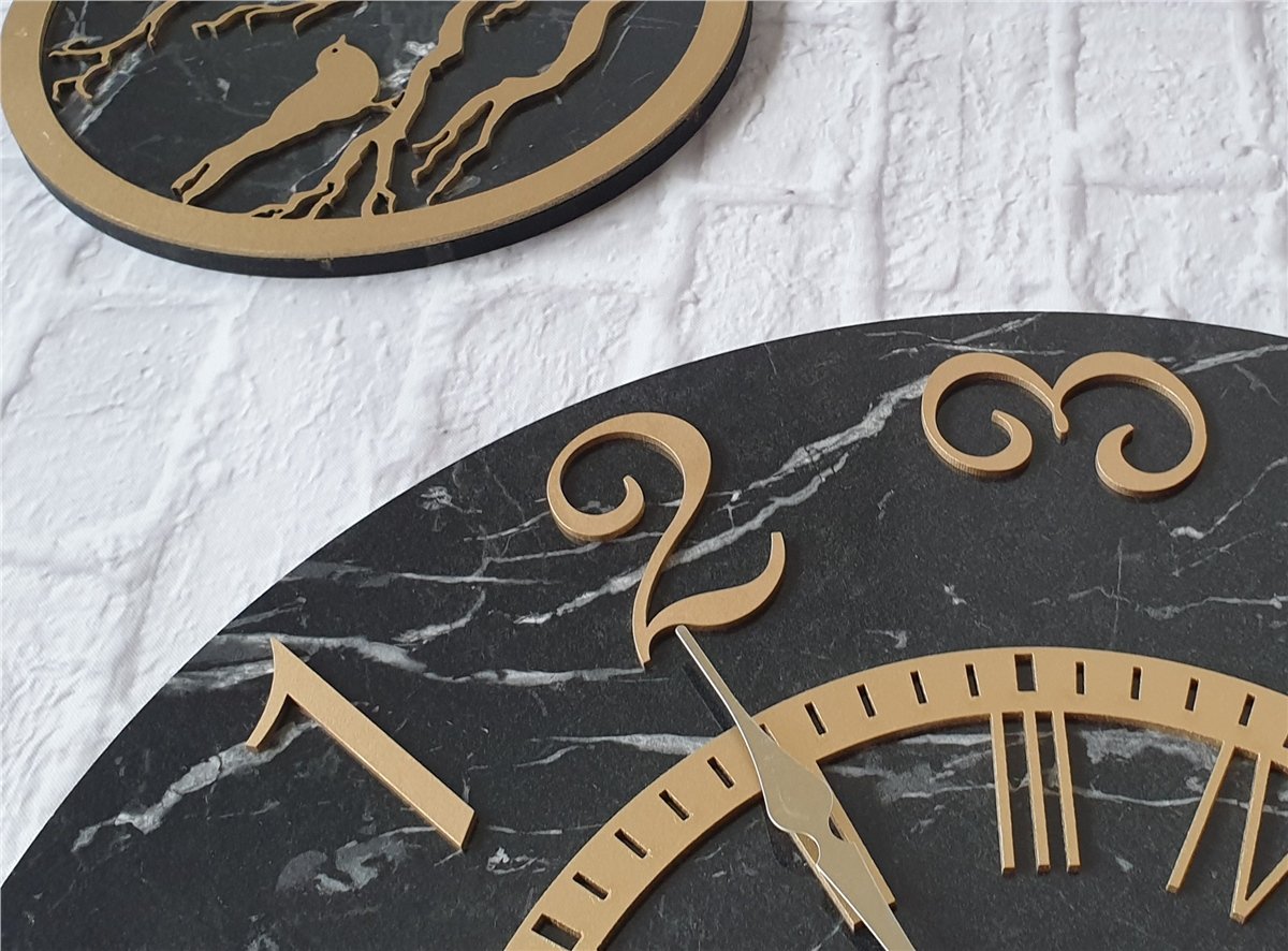 Markakanvas Mermer Desenli Duvar Saati ile Daldaki Kuş ve Hayat Ağacı Tablo