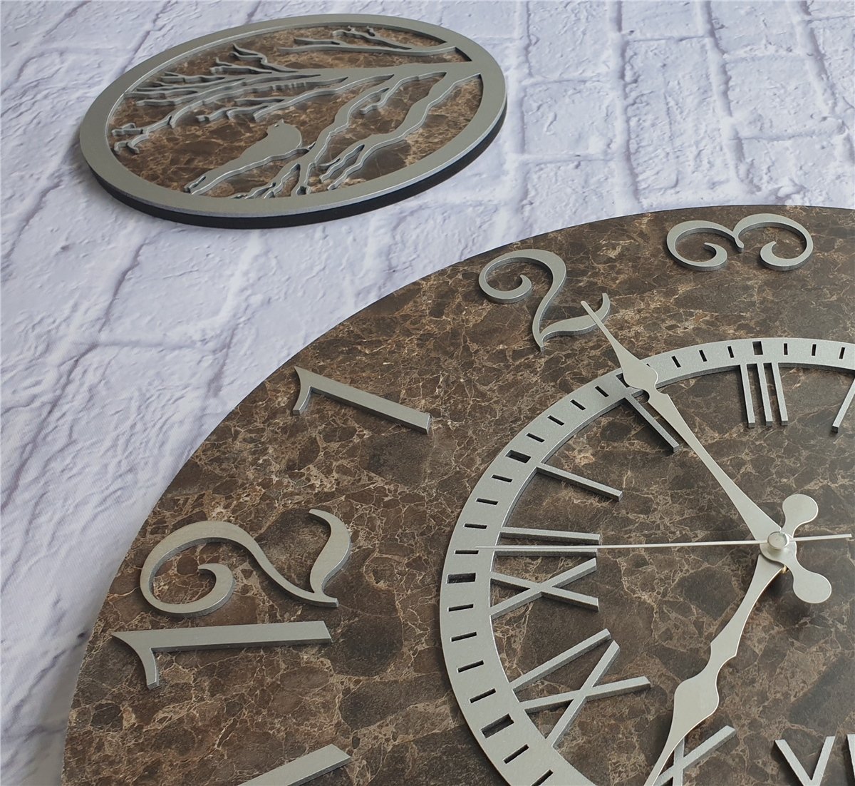 Markakanvas Mermer Desenli Duvar Saati ile Daldaki Kuş ve Hayat Ağacı Tablo