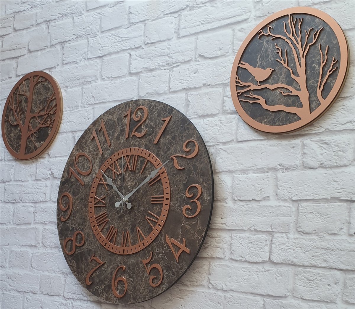 Markakanvas Mermer Desenli Duvar Saati ile Daldaki Kuş ve Hayat Ağacı Tablo