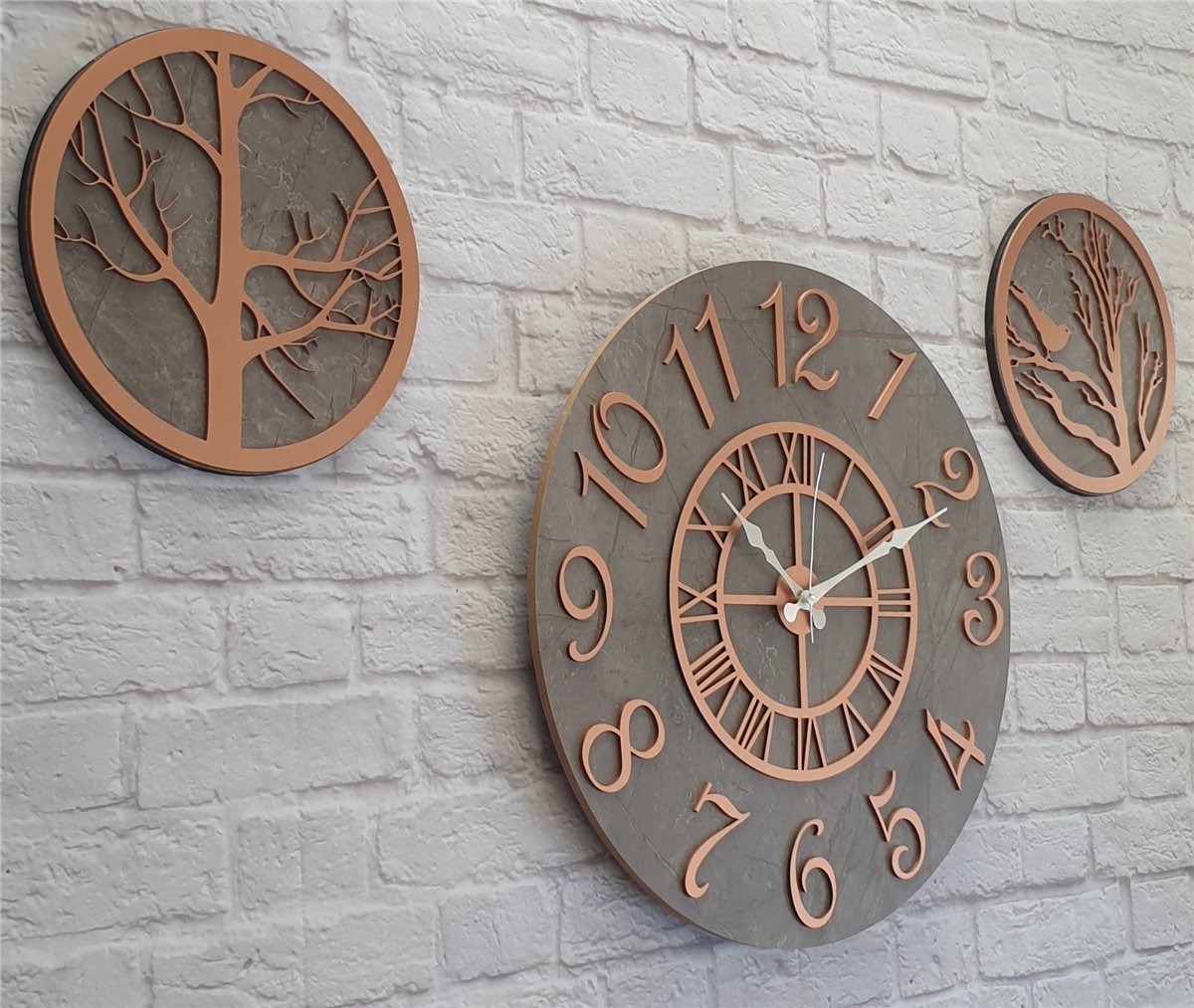Markakanvas Mermer Desenli Duvar Saati ile Daldaki Kuş ve Hayat Ağacı Tablo