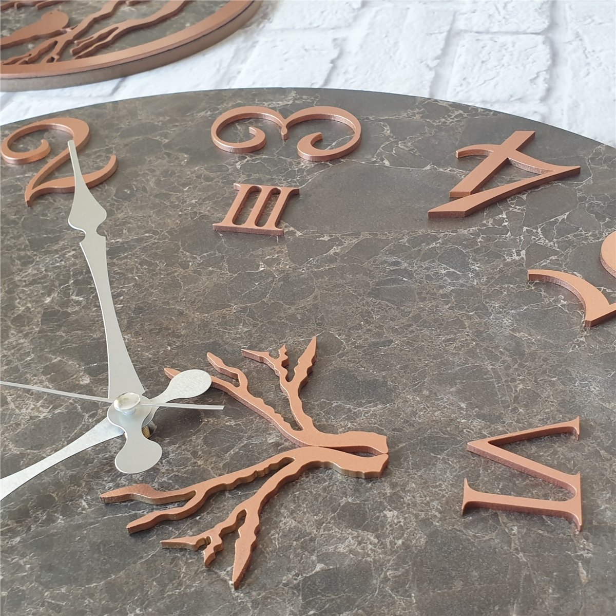 Markakanvas Mermer Desenli Duvar Saati ile Daldaki Kuş ve Hayat Ağacı Tablo