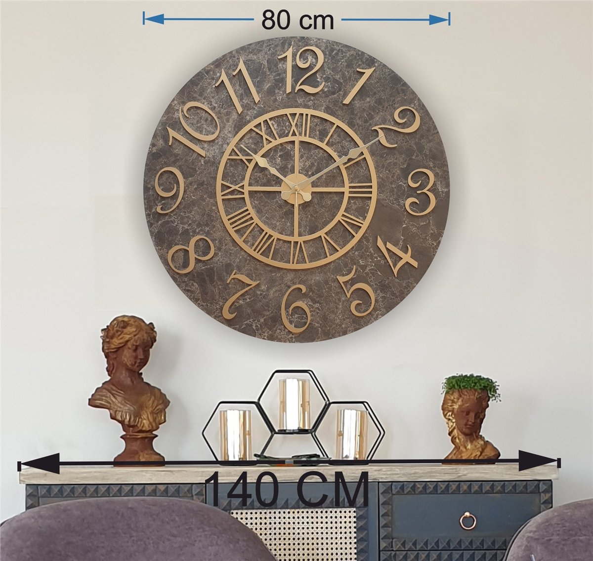 Markakanvas  Mermer Desenli Duvar Saati Çap 38 cm - Çap 50 cm - Çap 80 cm