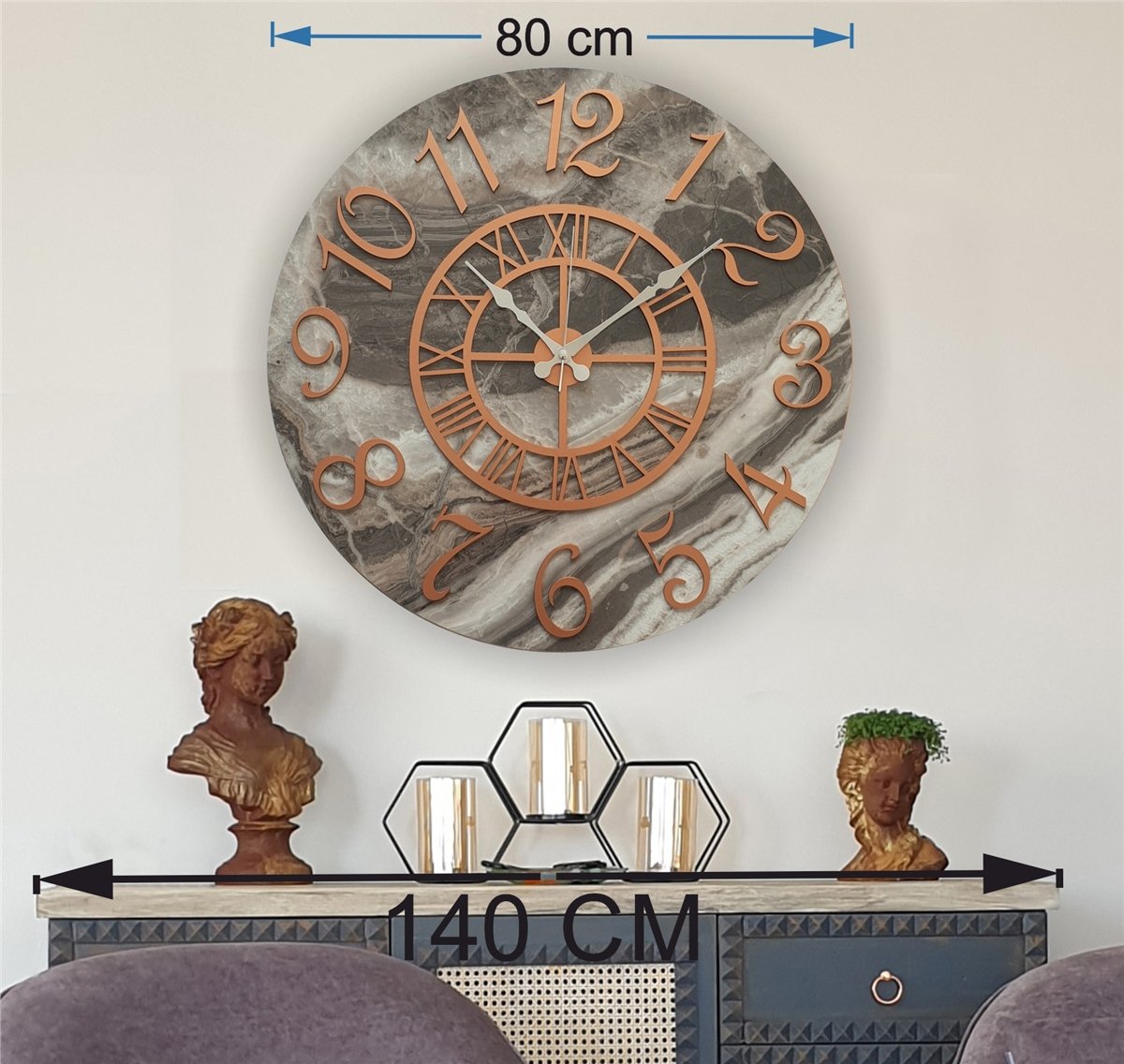 Markakanvas  Mermer Desenli Duvar Saati Çap 38 cm - Çap 50 cm - Çap 80 cm
