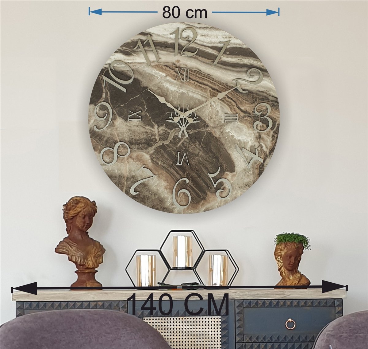Markakanvas  Mermer Desenli Duvar Saati Çap 38 cm - Çap 50 cm - Çap 80 cm