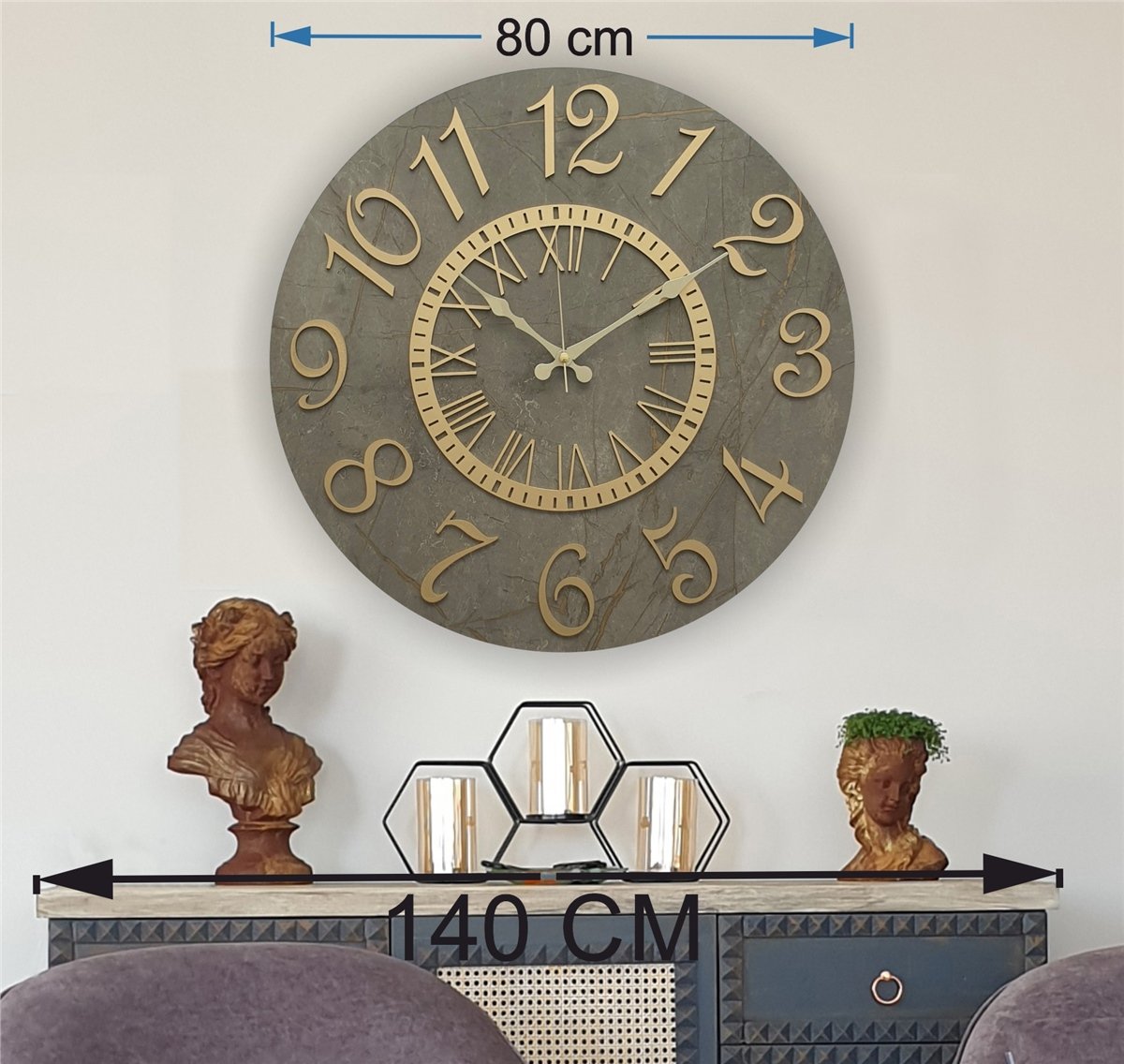Markakanvas  Mermer Desenli Duvar Saati Çap 38 cm - Çap 50 cm - Çap 80 cm