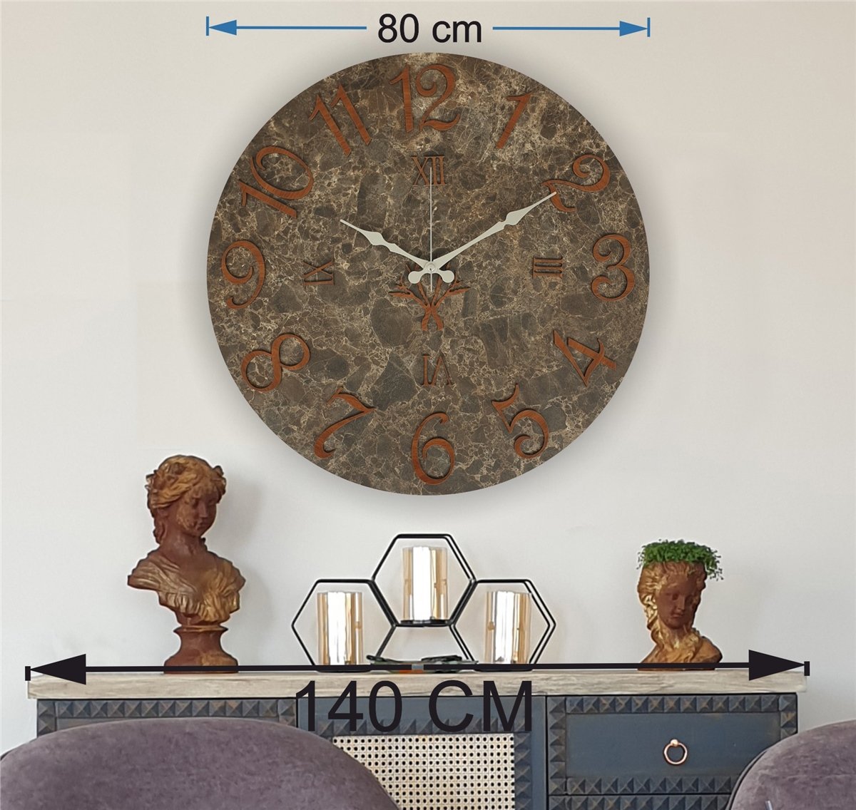Markakanvas  Mermer Desenli Duvar Saati Çap 38 cm - Çap 50 cm - Çap 80 cm