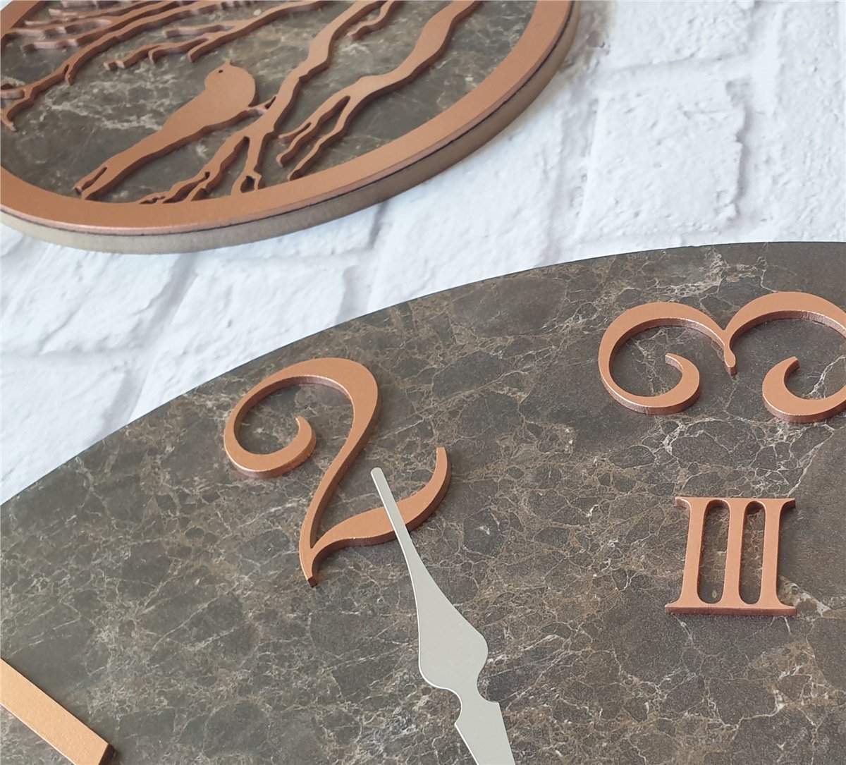 Markakanvas Mermer Desenli Duvar Saati ile Daldaki Kuş ve Hayat Ağacı Tablo