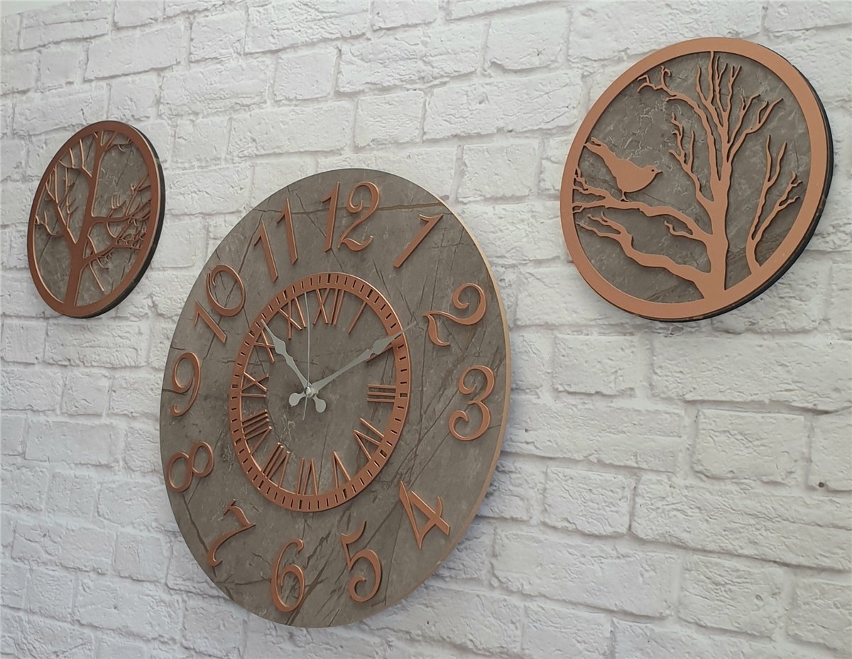 Markakanvas Mermer Desenli Duvar Saati ile Daldaki Kuş ve Hayat Ağacı Tablo