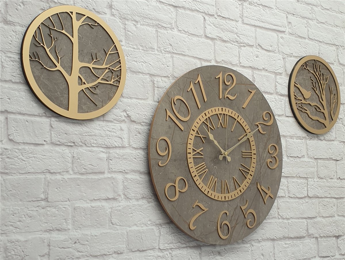 Markakanvas Mermer Desenli Duvar Saati ile Daldaki Kuş ve Hayat Ağacı Tablo
