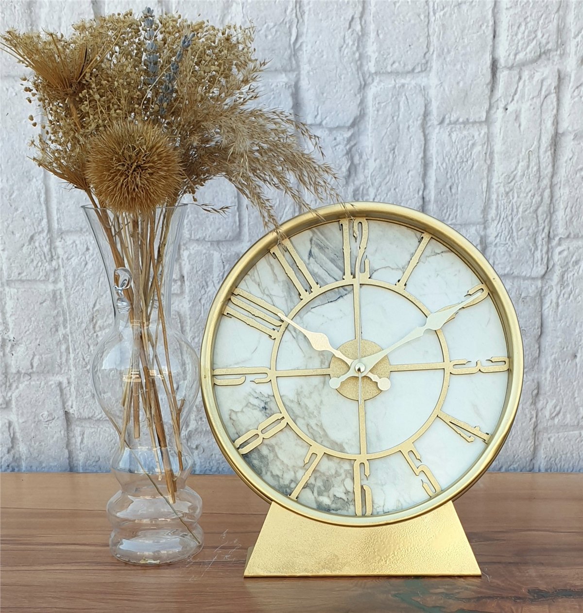 Markakanvas Metal Kasalı (Altın -Gold Renkli) Mermer Desenli  Masa ,Konsol Saati
