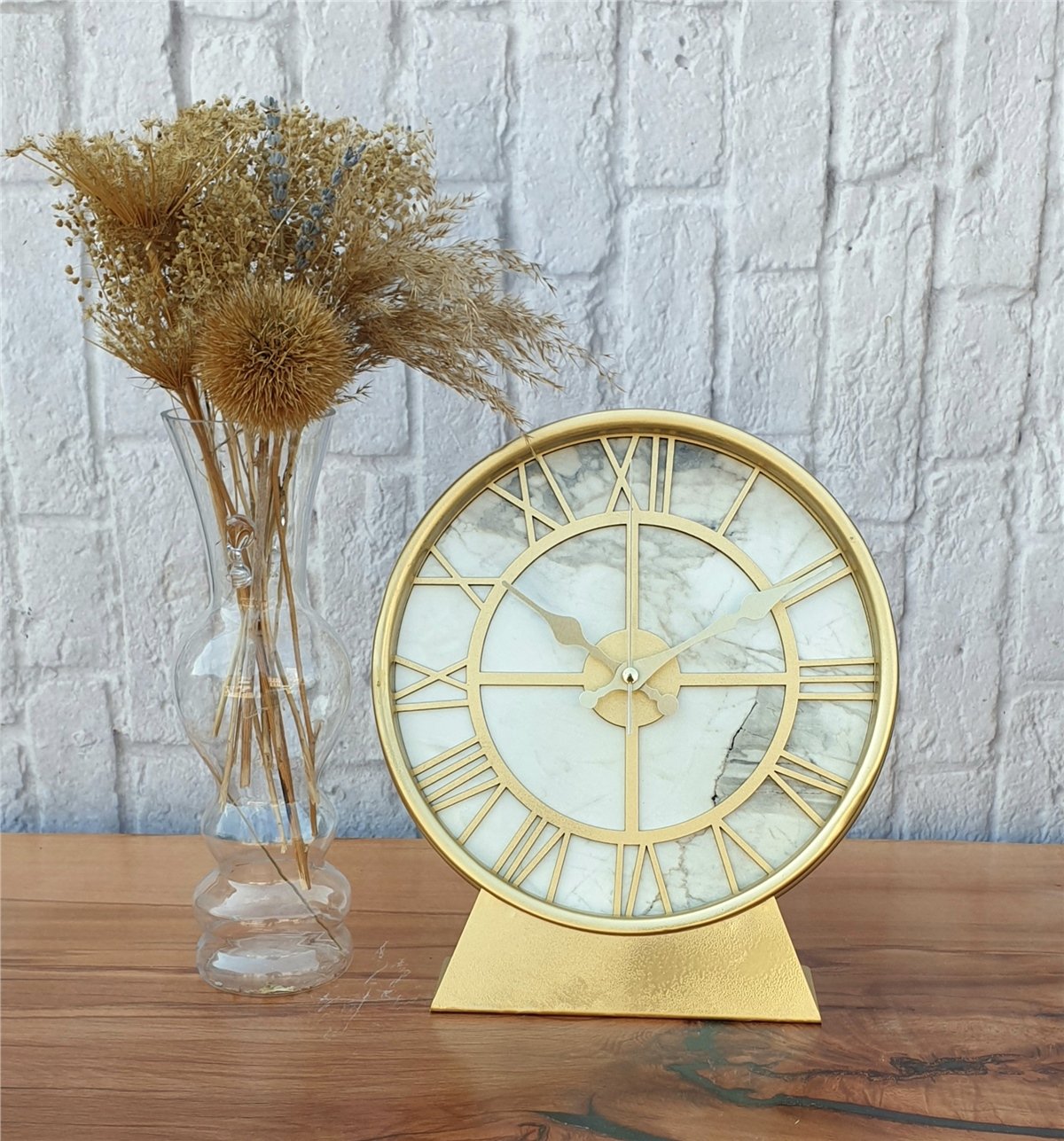 Markakanvas Metal Kasalı (Altın -Gold Renkli) Mermer Desenli  Masa ,Konsol Saati