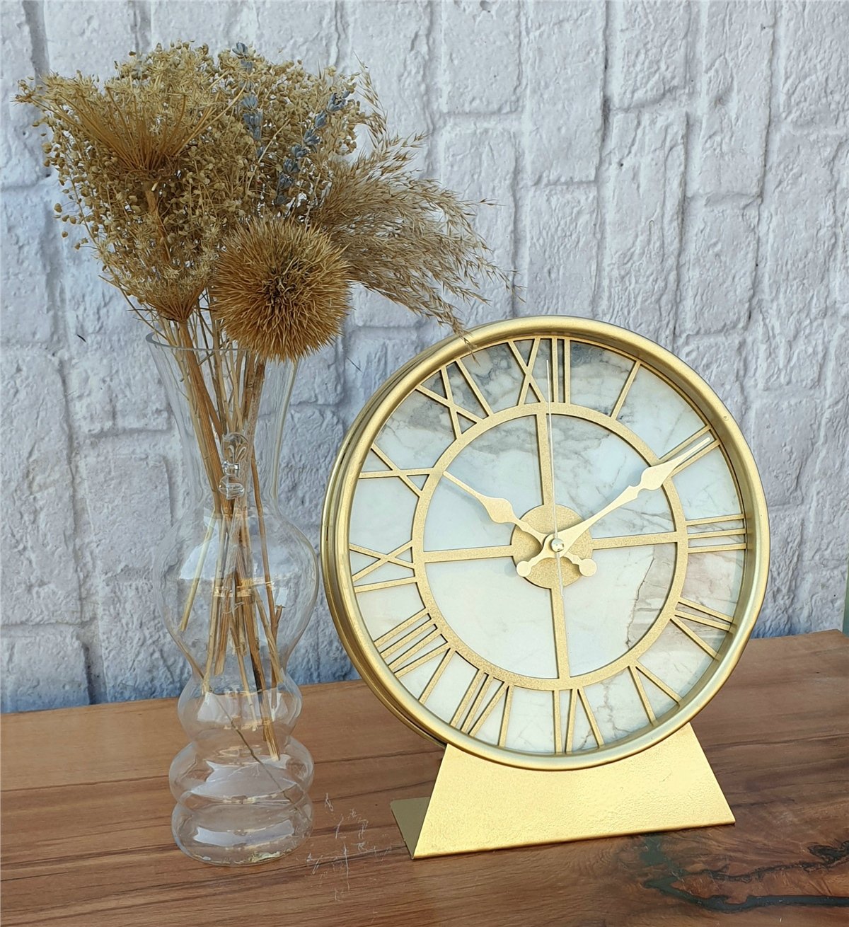 Markakanvas Metal Kasalı (Altın -Gold Renkli) Mermer Desenli  Masa ,Konsol Saati