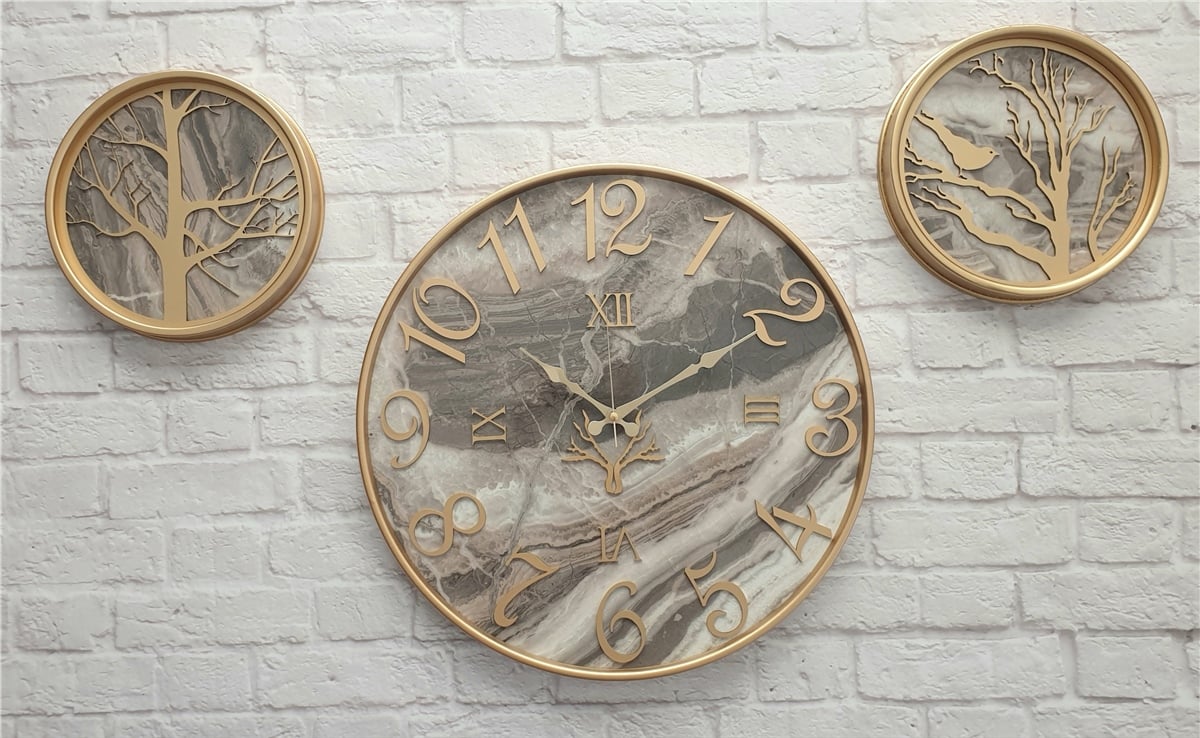 Markakanvas Metal Kasalı Mermer Desenli Duvar Saati ile Daldaki Kuş ve Hayat Ağacı Tablo