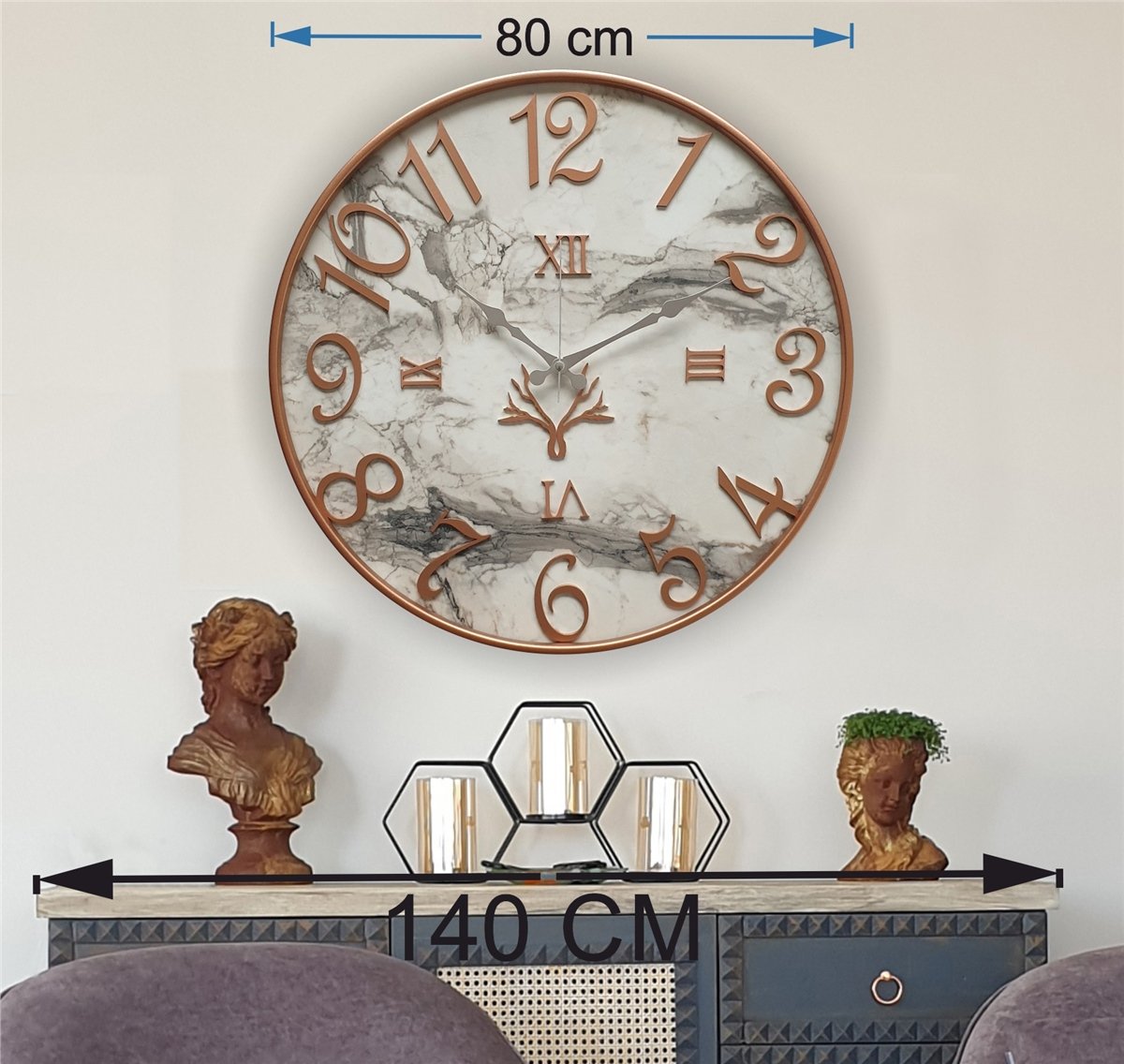 Markakanvas Metal Kasalı Mermer Desenli  Duvar Saati Çap 40 cm - Çap 50 cm - Çap 80 cm