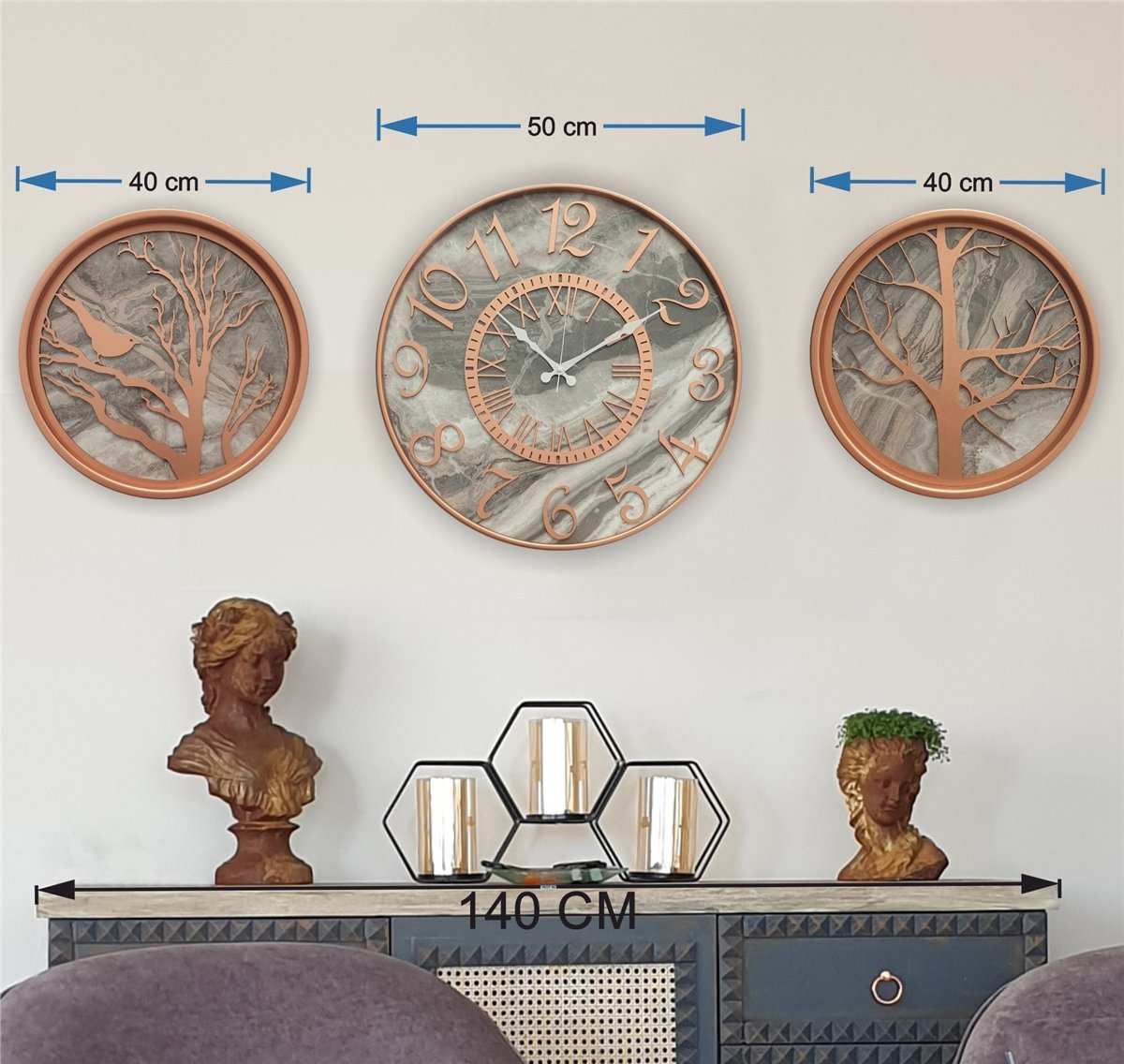 Markakanvas Metal Kasalı Mermer Desenli Duvar Saati ile Daldaki Kuş ve Hayat Ağacı Tablo