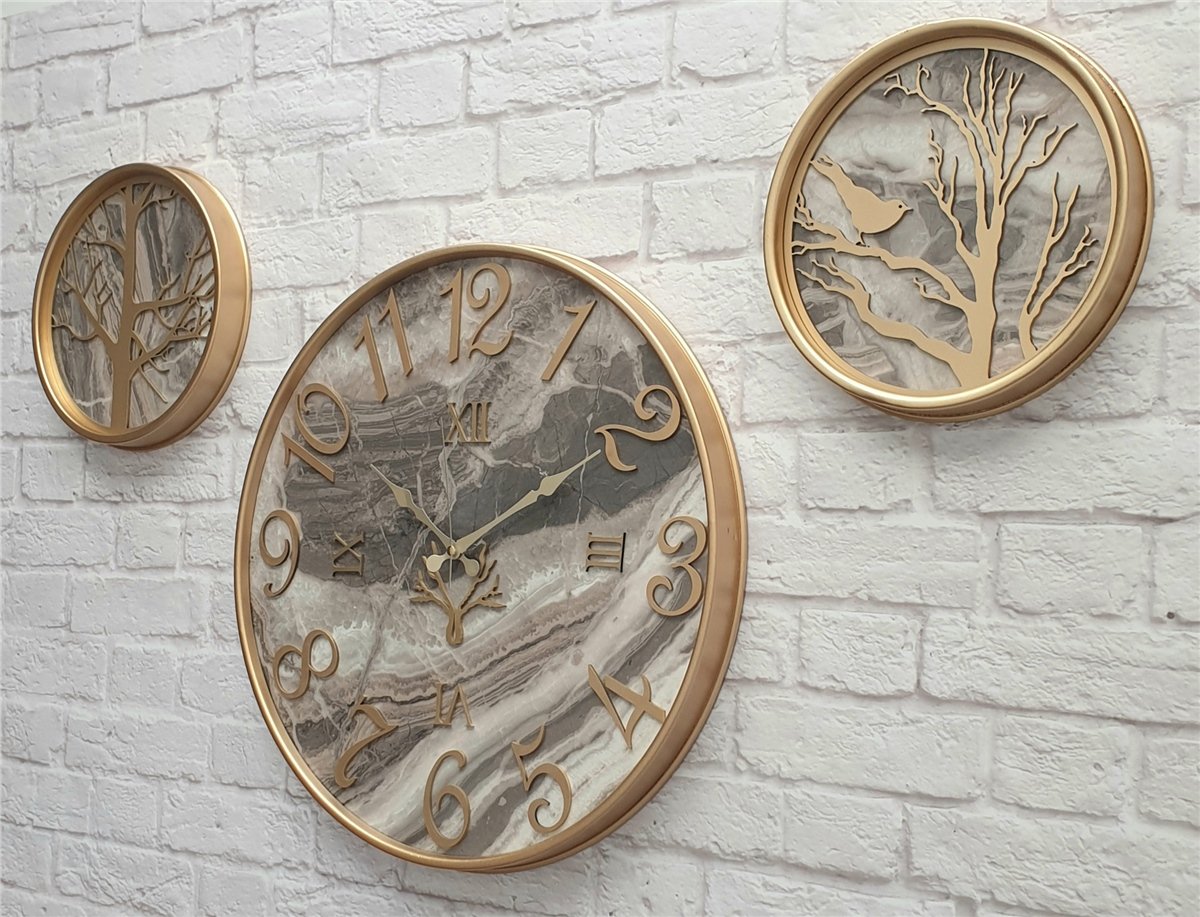 Markakanvas Metal Kasalı Mermer Desenli Duvar Saati ile Daldaki Kuş ve Hayat Ağacı Tablo