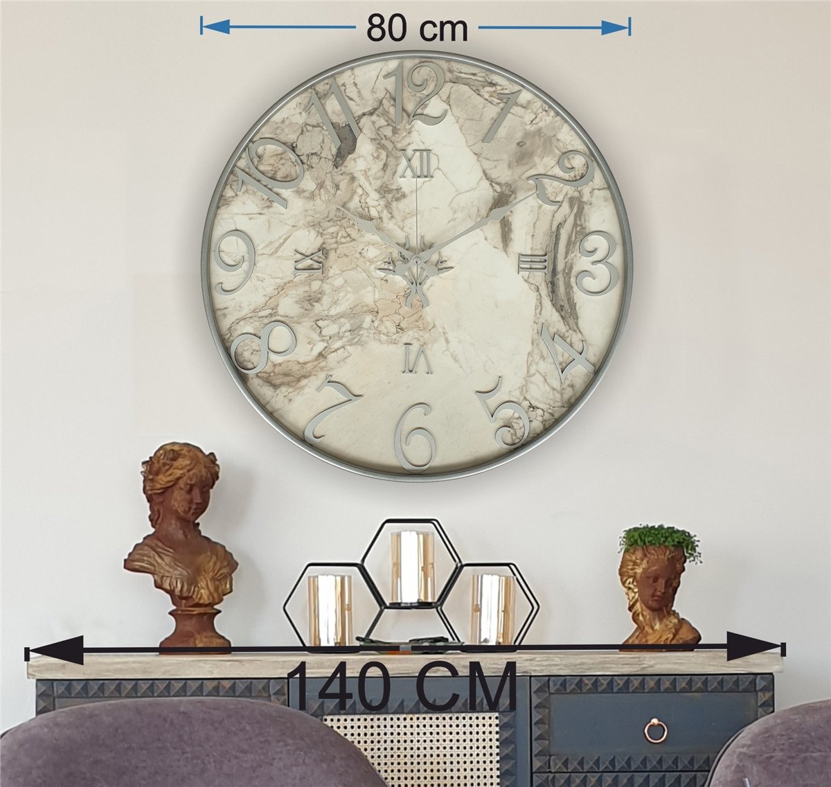 Markakanvas Metal Kasalı Mermer Desenli  Duvar Saati Çap 40 cm - Çap 50 cm - Çap 80 cm