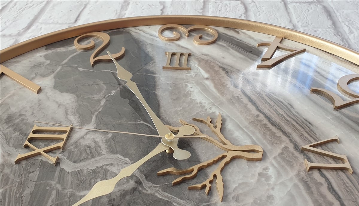 Markakanvas Metal Kasalı Mermer Desenli Duvar Saati ile Daldaki Kuş ve Hayat Ağacı Tablo